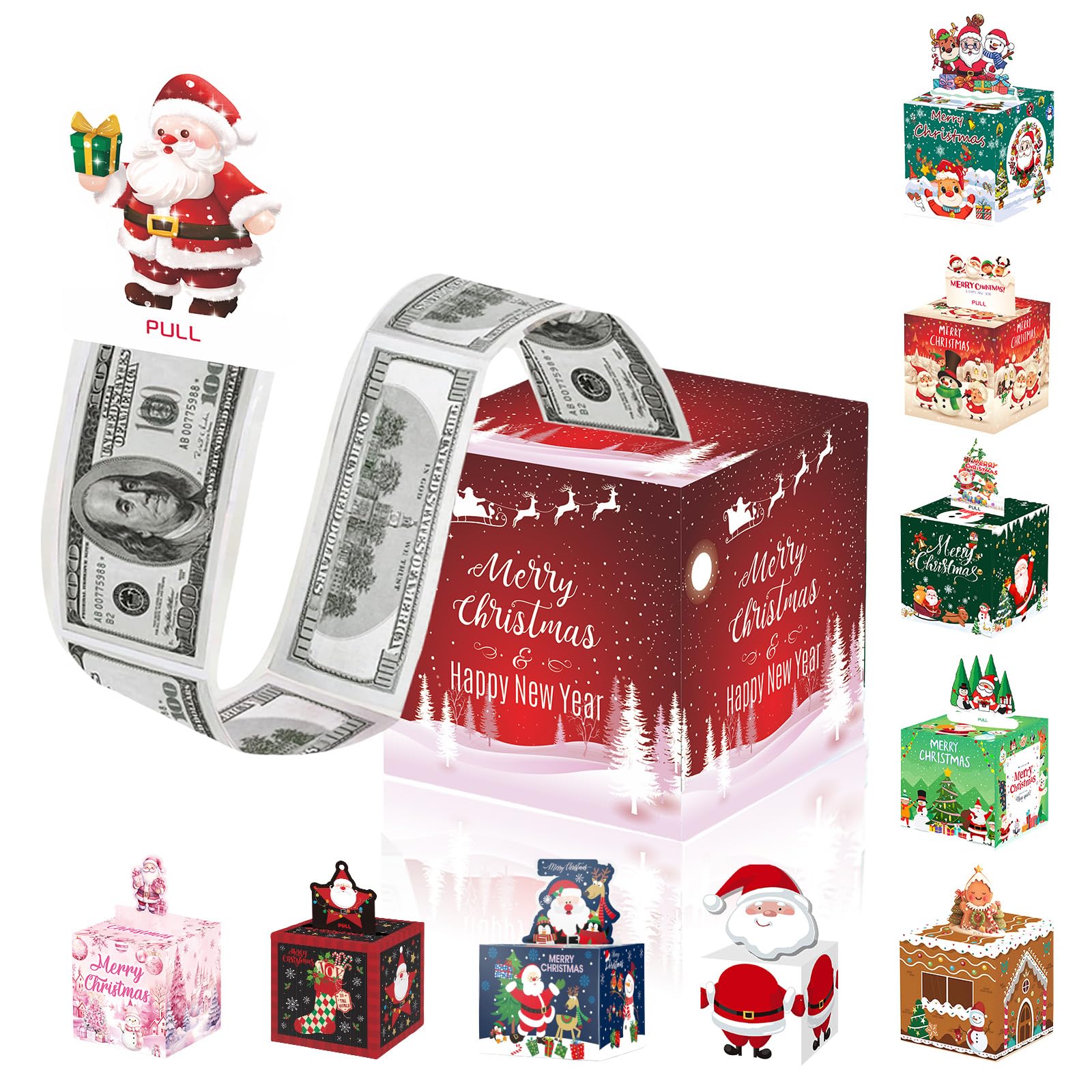 Christmas Money Box for Cash Gift,Christmas Pull Surprise Money Gift Box for Kid/Adult Presents,Money Cake Pull out Cash with Xmas Card and 50P Bags,Money Reveal Boxes Xmas Party Money Boxes for Cash