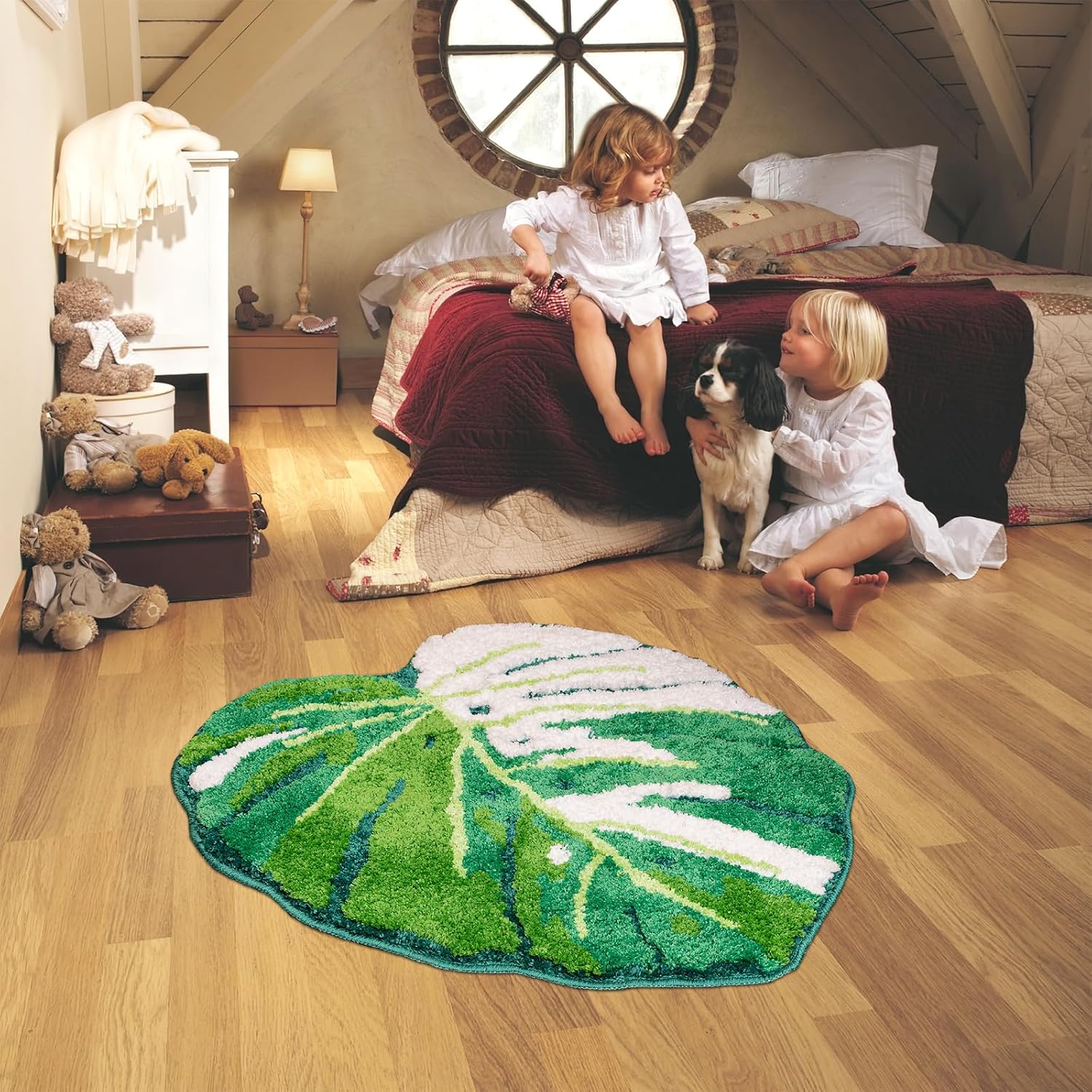 Sisher Green Leaf Bathroom Mat Large Monstera Rug Kids Rug Green Leaf Area Mat Non Slip Comfortable Carpet for Bedroom Bathroom Children Playroom 41"X39"