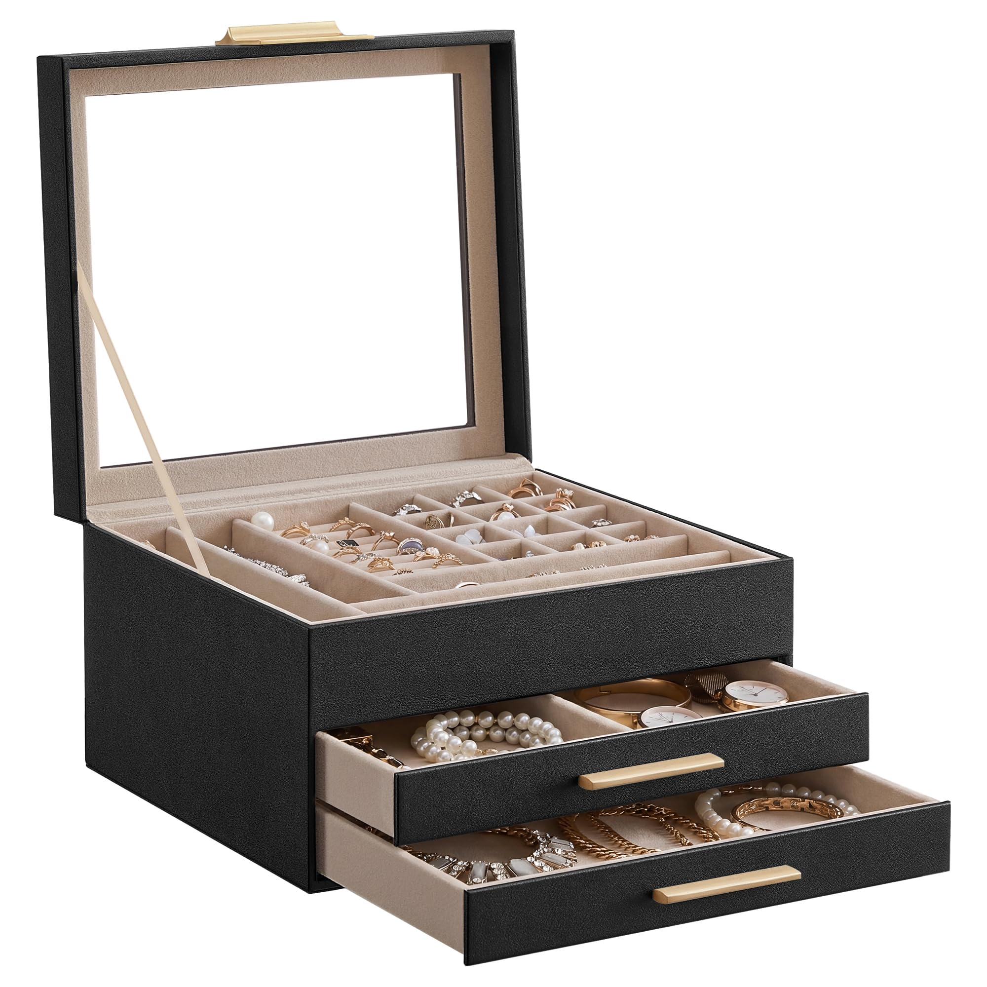 SONGMICS GISELLA Collection - Jewellery Box with Glass Lid, 3-Layer Jewellery Storage Organiser with 2 Drawers, Modern, Gift Idea, Ink Black and Gold, 20.3 x 23.1 x 13.5 cm JBC239B03