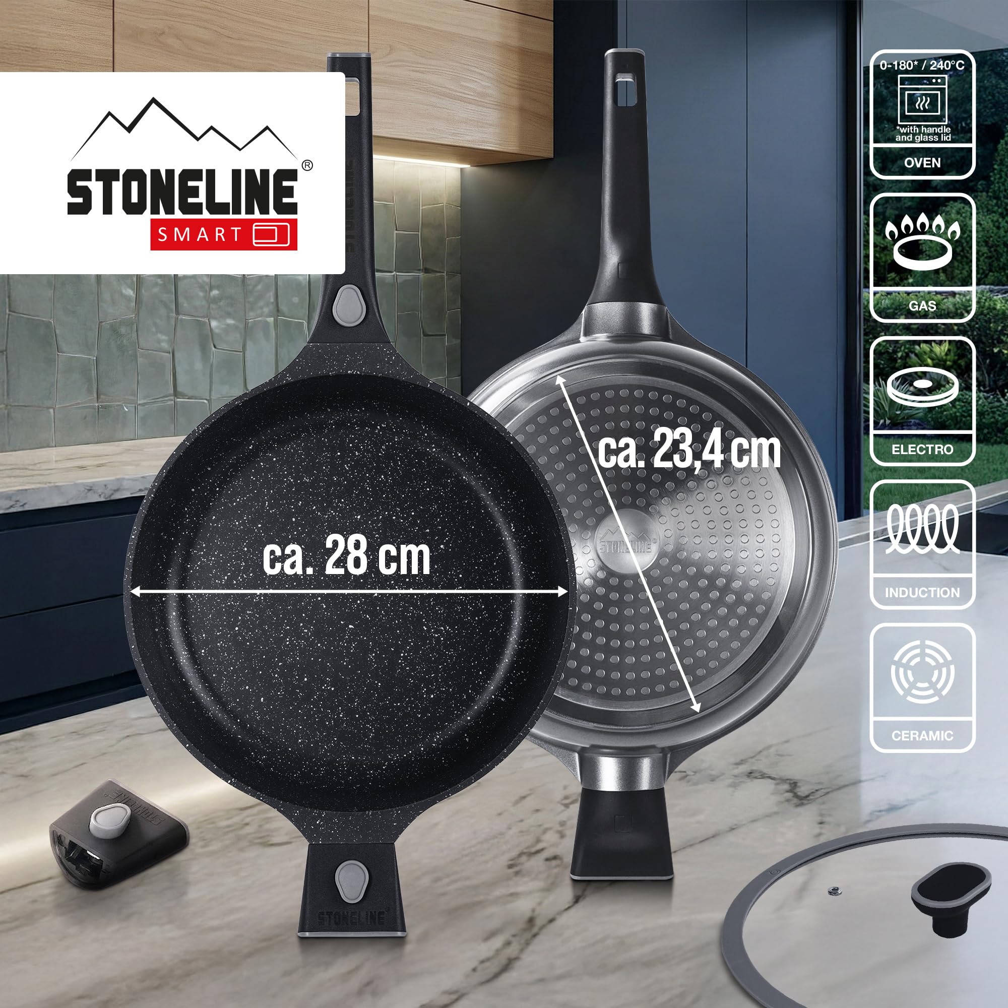 STONELINE SMART Padella Alta 28 cm, 4 L Padella Induzione Grande con Coperchio, Manico Rimovibile, Alluminio Pressofuso, Tutti i Tipi Piani Cottura, Antiaderente con Vere Particelle di Pietra, Grigio