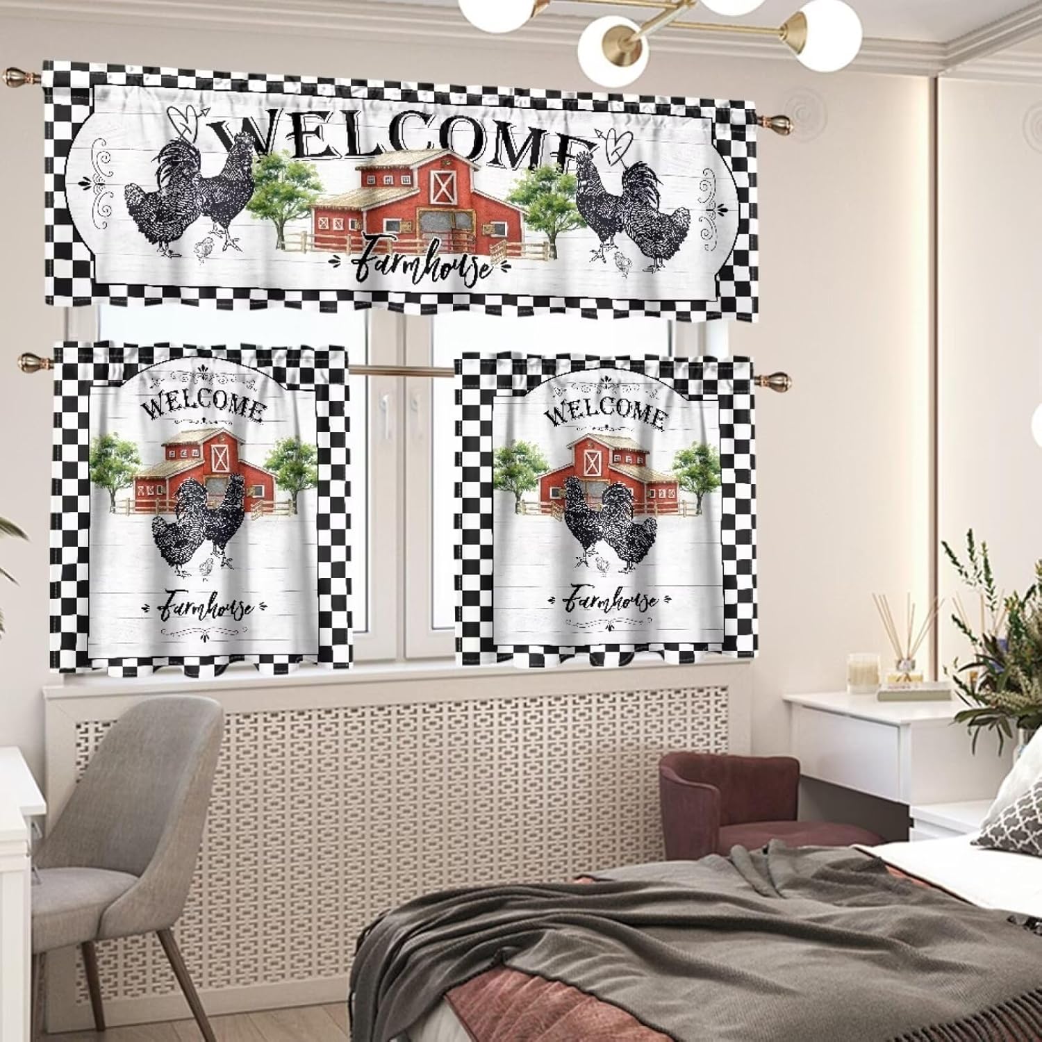 Chicken Farmhouse Valance Curtains for Kitchen, Rustic Rooster Farm Country Print Decor Black White Checkered Backdrop Window Treatments, Rod Pocket Drapes for Living Room, 54x18in 1P+27x24in 2P