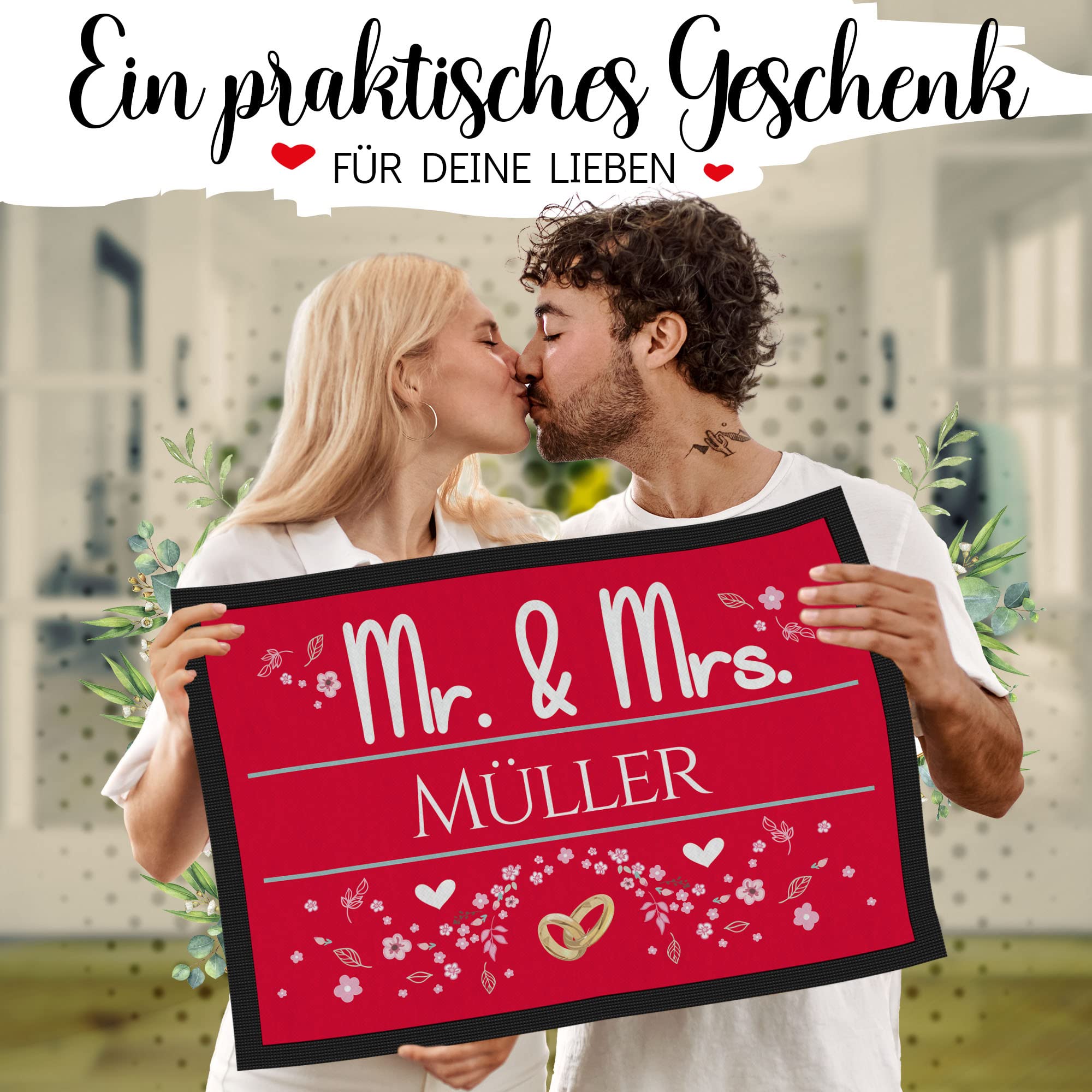 Print Royal Personalisierte Fußmatte mit Namen - Mr und Mrs mit Blumen und Ringe - Geschenke zum Einzug | rutschfest, 120x80cm mit Gummirand