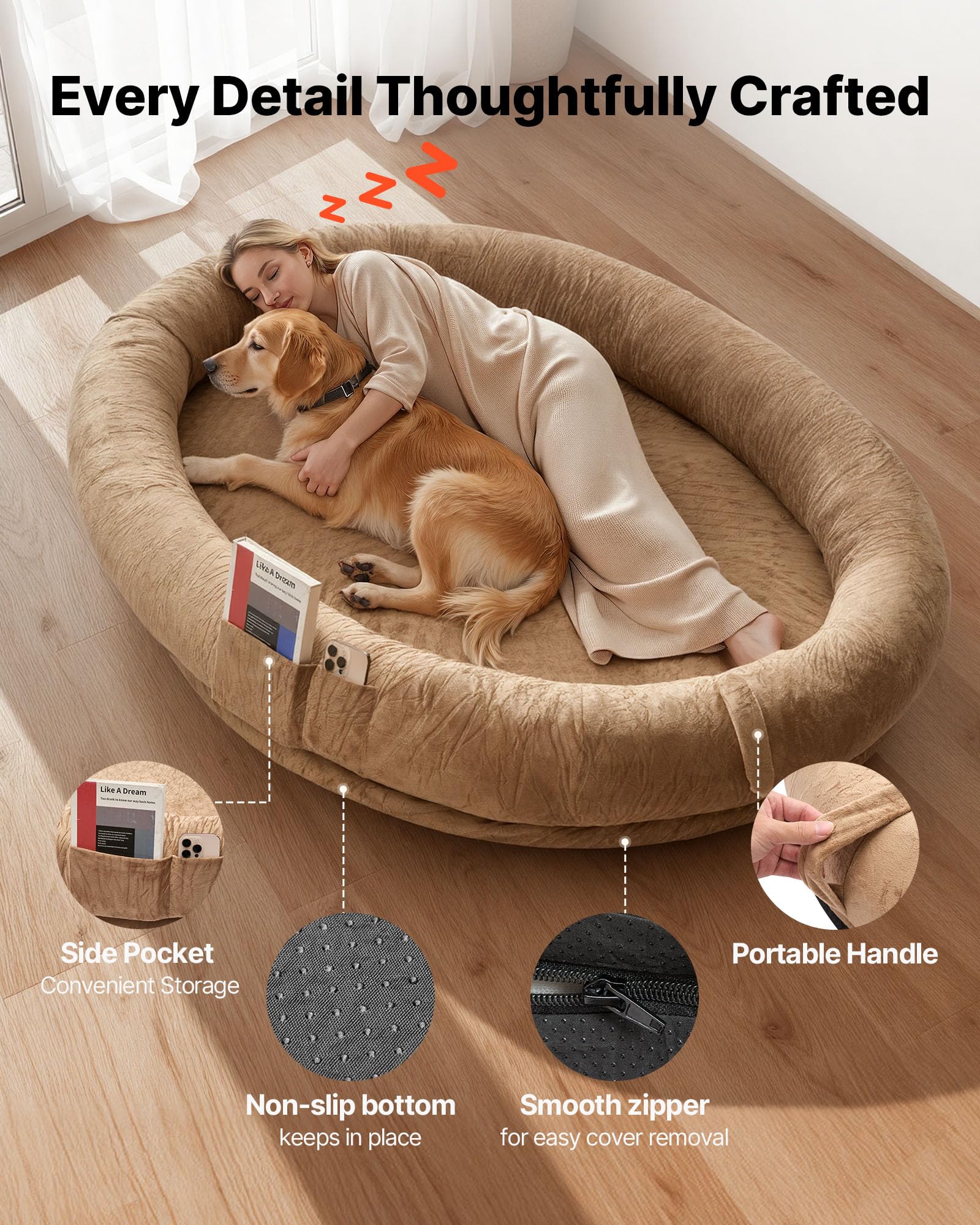 VEVOR Cama para Perros de Diseño Ovalado, Tamaño Humano, 177 x 123 x 24 cm, Ortopédica, de Espuma Viscoelástica, con Bolsillo Lateral, Asa y Cremallera, Funda Extraíble y Lavable a Máquina, Marrón