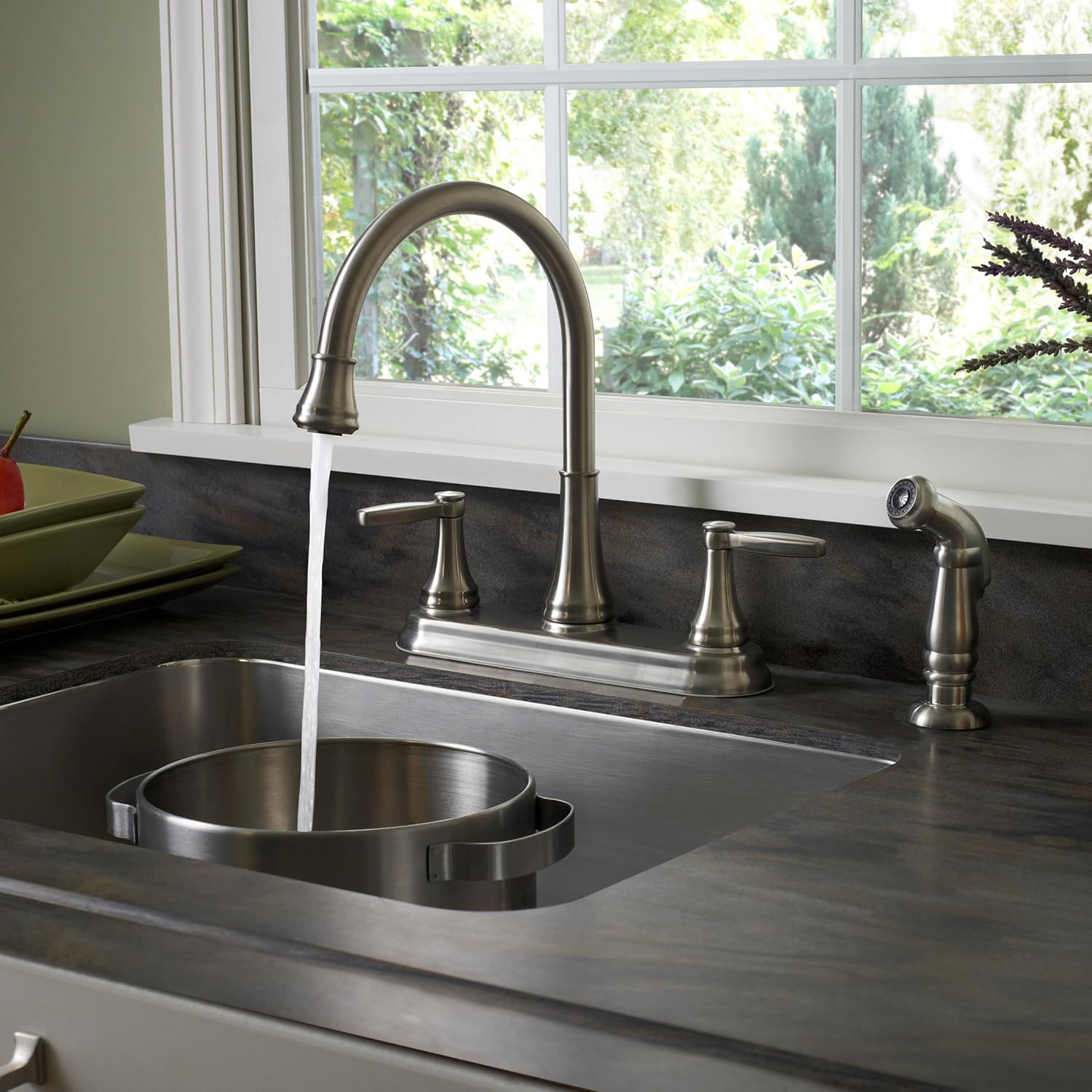 Pfister Glenfield Kitchen Faucet with Side Spray, 2-Handle, High Arc, Stainless Steel Finish, F0364GFS