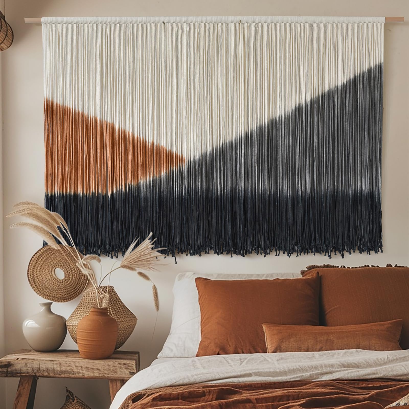 Tapiz de macramé para colgar en la pared, grande, 144 cm de ancho x 89 cm de largo, tejido bohemio, hecho a mano, tres tonos, para sala de estar, dormitorio, decoración del hogar, arte de fibra