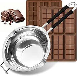 Panela de banho-maria dupla de 1200 ml/1,1 QT com 2 pacotes de moldes de barra de chocolate de silicone, panela de derretimento de chocolate de aço inoxidável com moldes de chocolate antiaderentes