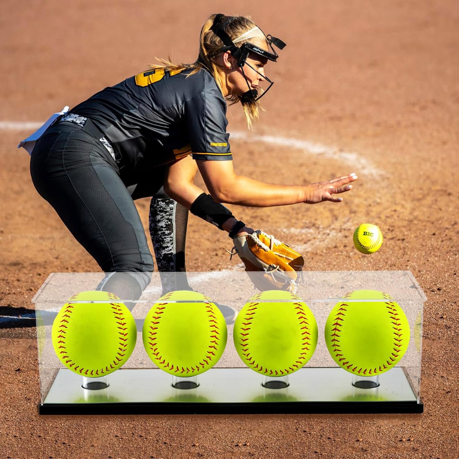 Softball Display Case for 4 Pack in one,Acrylic Baseball Holder Display Stand,Golf Ball Display Case,Clear Display box for Tennis Ball Sports Ball Storage with Base and Mirror Base(need Self-assembly)