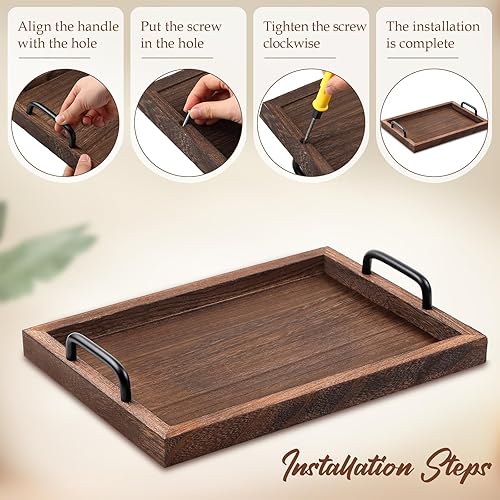 Miniatura 7 de Lallisa 4 bandejas de madera rústica para servir con asa, bandejas vintage para servir alimentos, plato de madera de granja, tabla de madera para