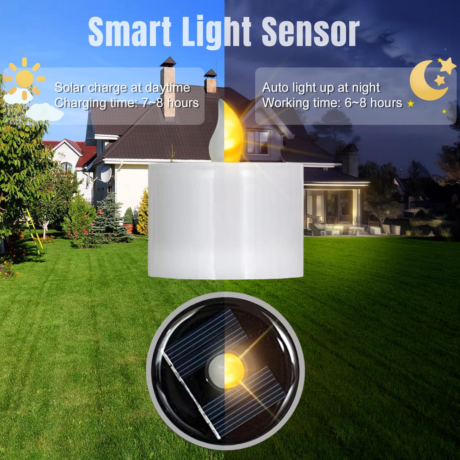 Yakpo 6 Pack Warm Yellow Outdoor Solar Powered Rechargeable LED Tea Lights, Waterproof Flameless Flickering Solar Candles, Battery Operated Fake LED Votive TeaLights for Window Lanterns Decorations