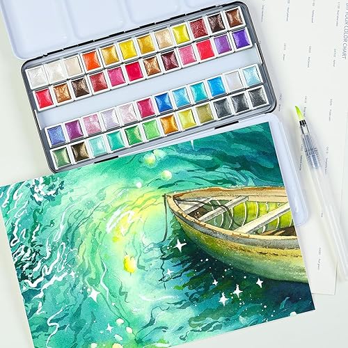 Miniatura 7 de ARTSY Juego de pintura de acuarela metálica, 48 colores de purpurina en una caja de metal con paleta perfecta para artistas, aficionados,