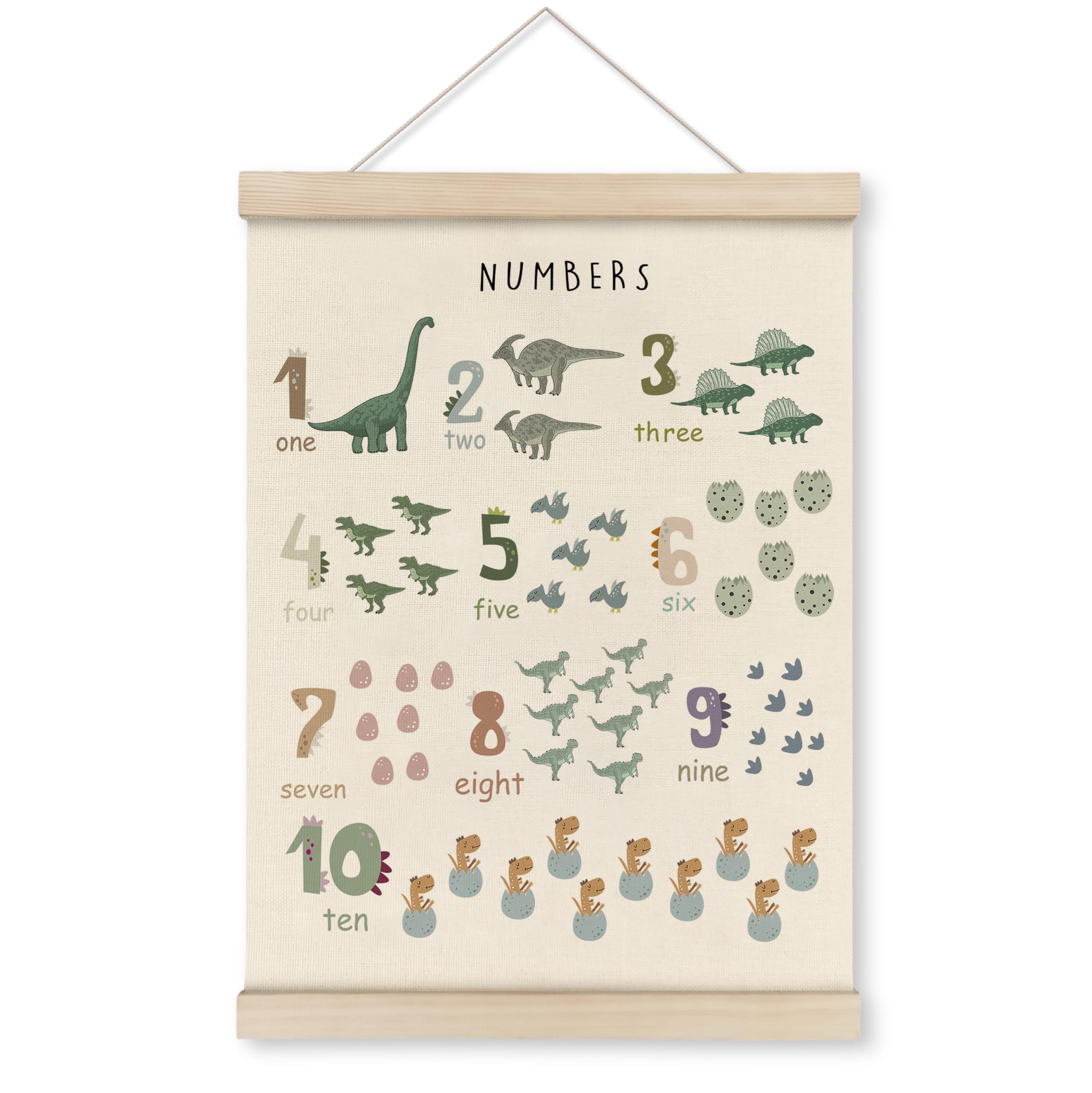 HRQKO Dinosaur Numbers Poster Hanger Frame, Dinosaur Wall Decor, Dinosaurs Edcational Poster Wall Art with Wooden Frames, Alphabet Banner Wall Hanging Decor for Boys Nursery Room Classroom,12x16 Inch