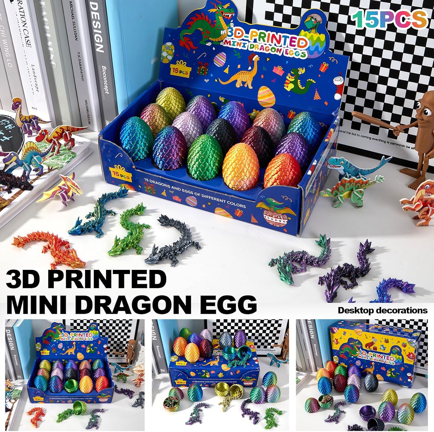 15Pcs 3D Printed Dragon Egg, Cool 3D Printer Articulated Crystal Dragon Toys , Surprise Animals Figurines Fidget Eggs Toys，Fantasy Office Desk Decor Surprise，Classroom Prizes Supplies for Boys Kids