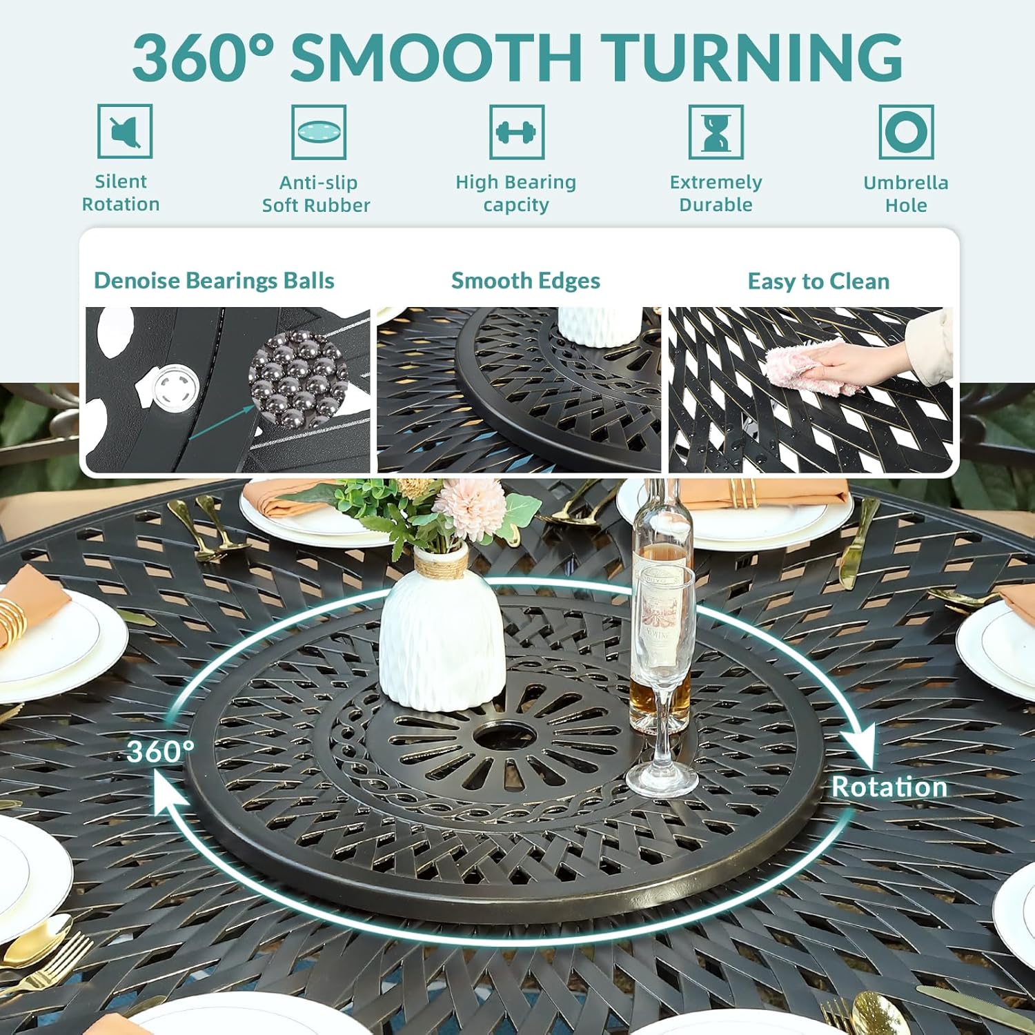MEETWARM 61" Outdoor High Bar Dining Table for 8 Person, All Weather Cast Aluminum Large Round High Top Dining Table with 24" Lazy Susan, Patio Bar Height Table for Garden Backyard, 2" Umbrella Hole