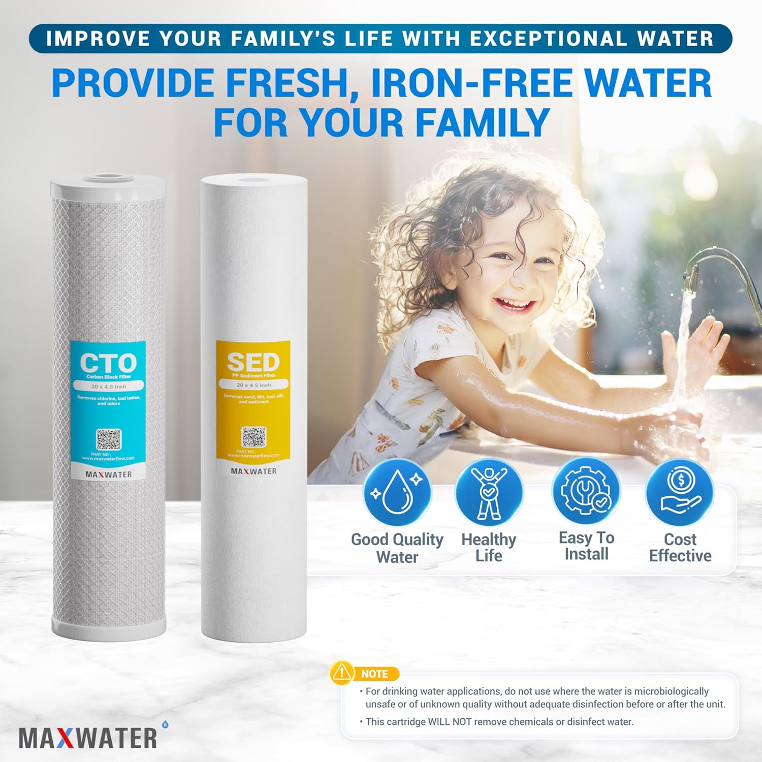 Max Water 5 Micron 20 x 4.5 Whole House Water Filter Replacement, 2-Stage Sediment & CTO Carbon Block Filters, Chlorine & Odor Reduction, Set of 2, Compatible with WGB22B