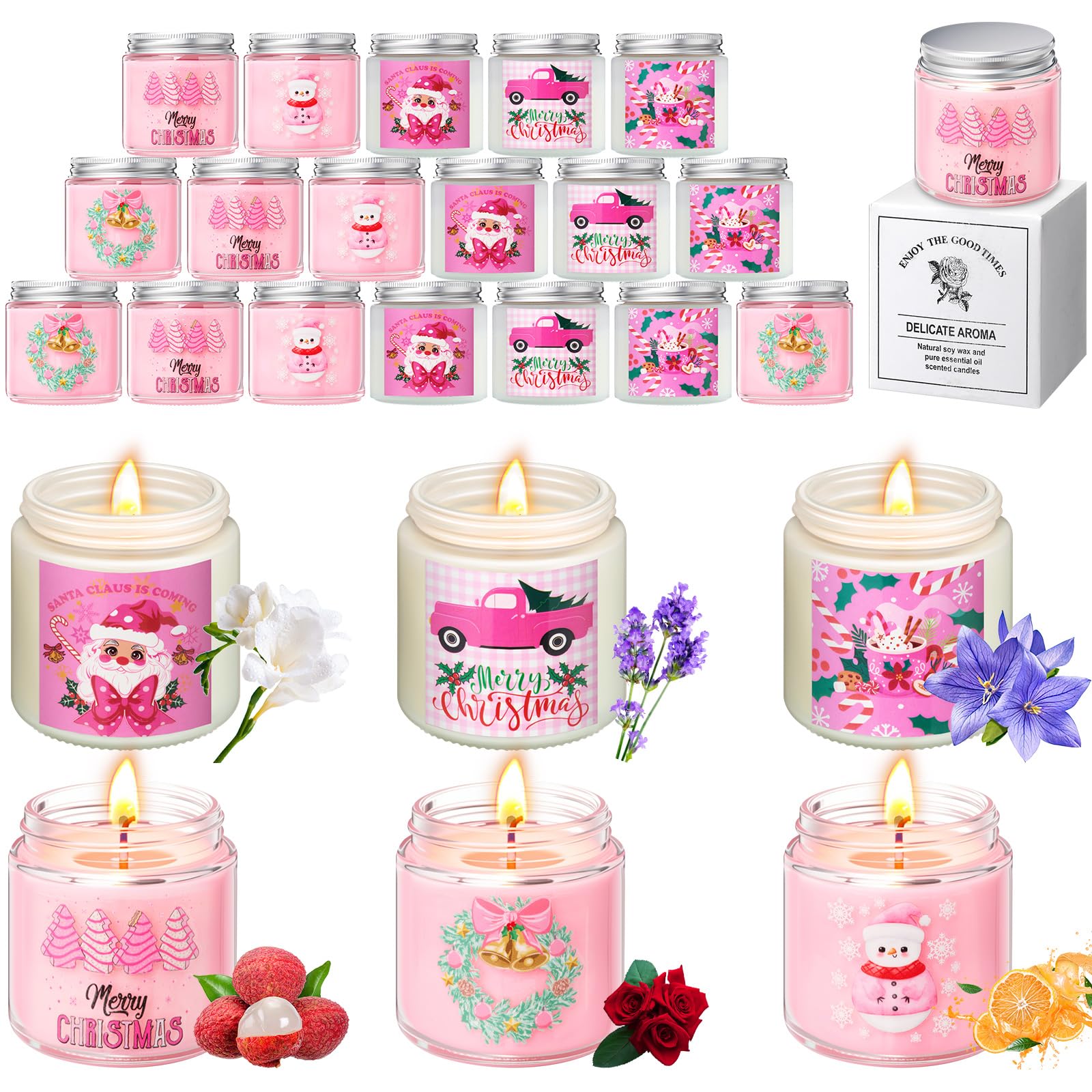 Sumind Confezione da 24 candele profumate di Natale rosa per la casa, regali di Natale per donne, 99,2 g, candele in barattolo di cera di soia naturale, includono 6 diversi profumi per Natale