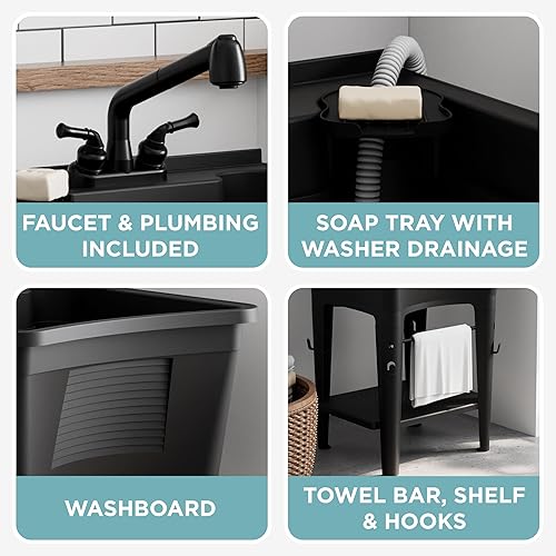 Miniatura 9 de Zenna Home Juego de fregadero y gabinete de pared incluye bañera de lavanderíaestación de saneamiento con grifo, armario de pared (2 puertas, 3