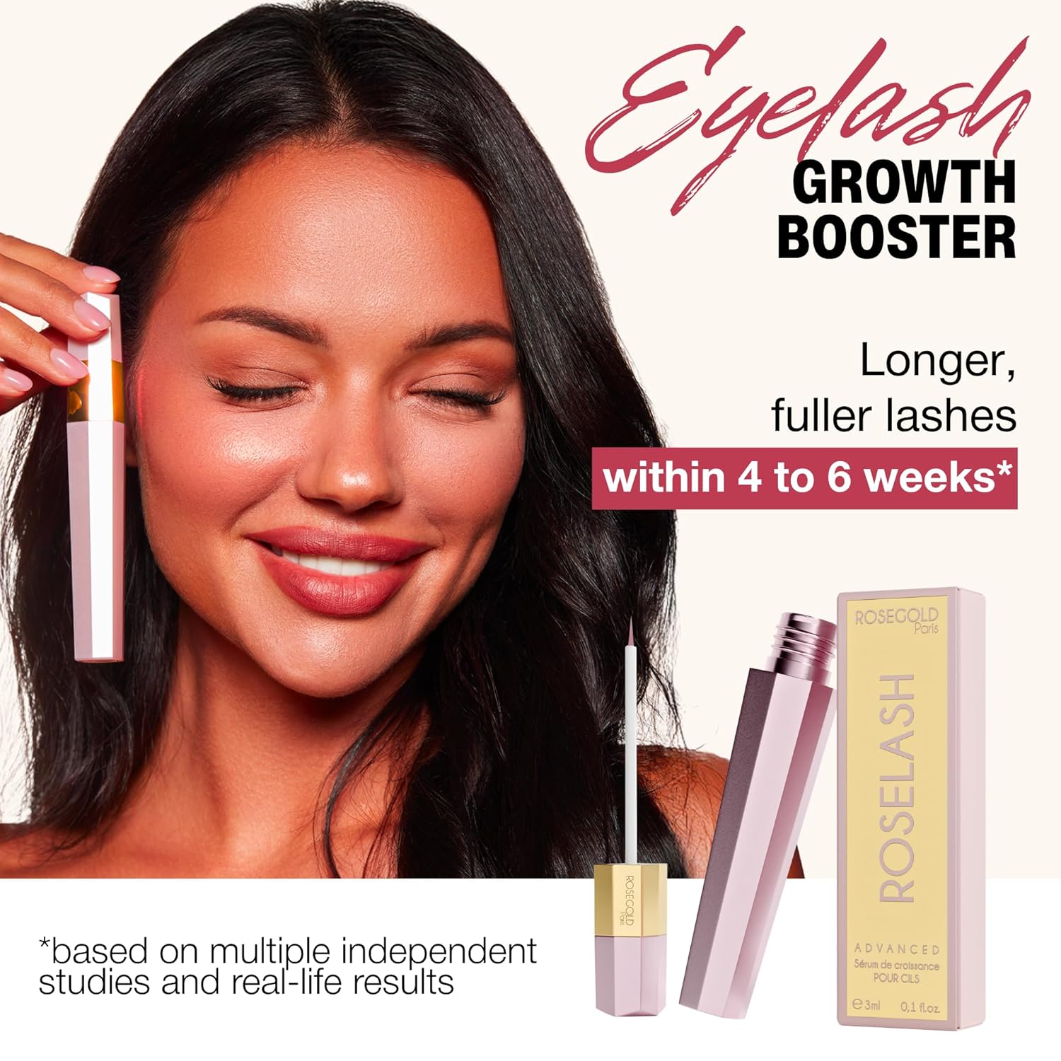 ROSEGOLD ROSELASH Advanced Eyelash Growth Serum for Fuller, Longer, Thicker Eyelashes - 95% Natural Made in France - Hormone Free Fragrance Free - Vegan