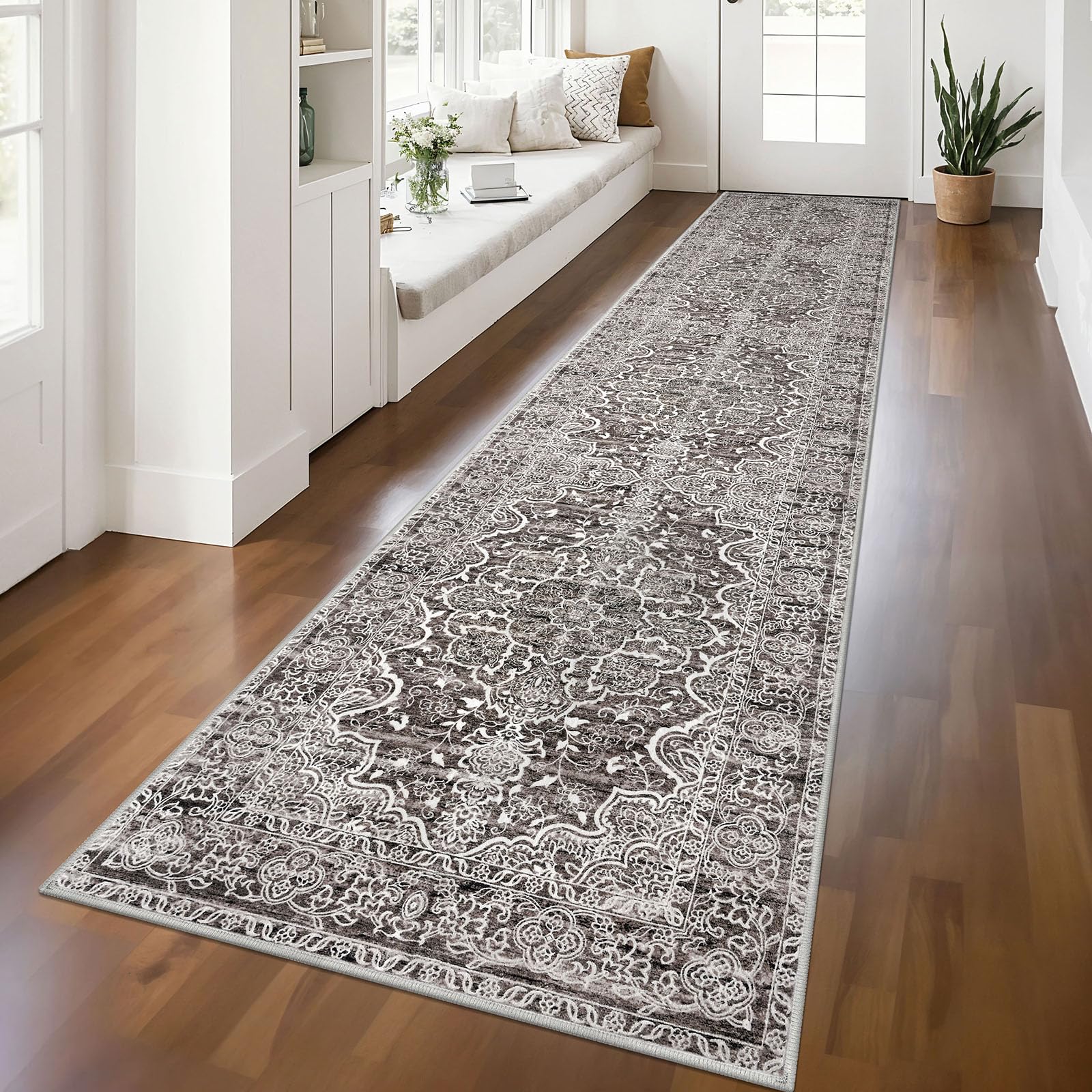 KUTA Vintage Washable Runner Rug 2.6x12, Non-Slip Hallway Kitchen Rugs Tan Grey with Rubber Backing, Ultra Soft Printed Distressed Modern Medallion Extra Long 12ft Runners Indoor for Bedroom โ image 1