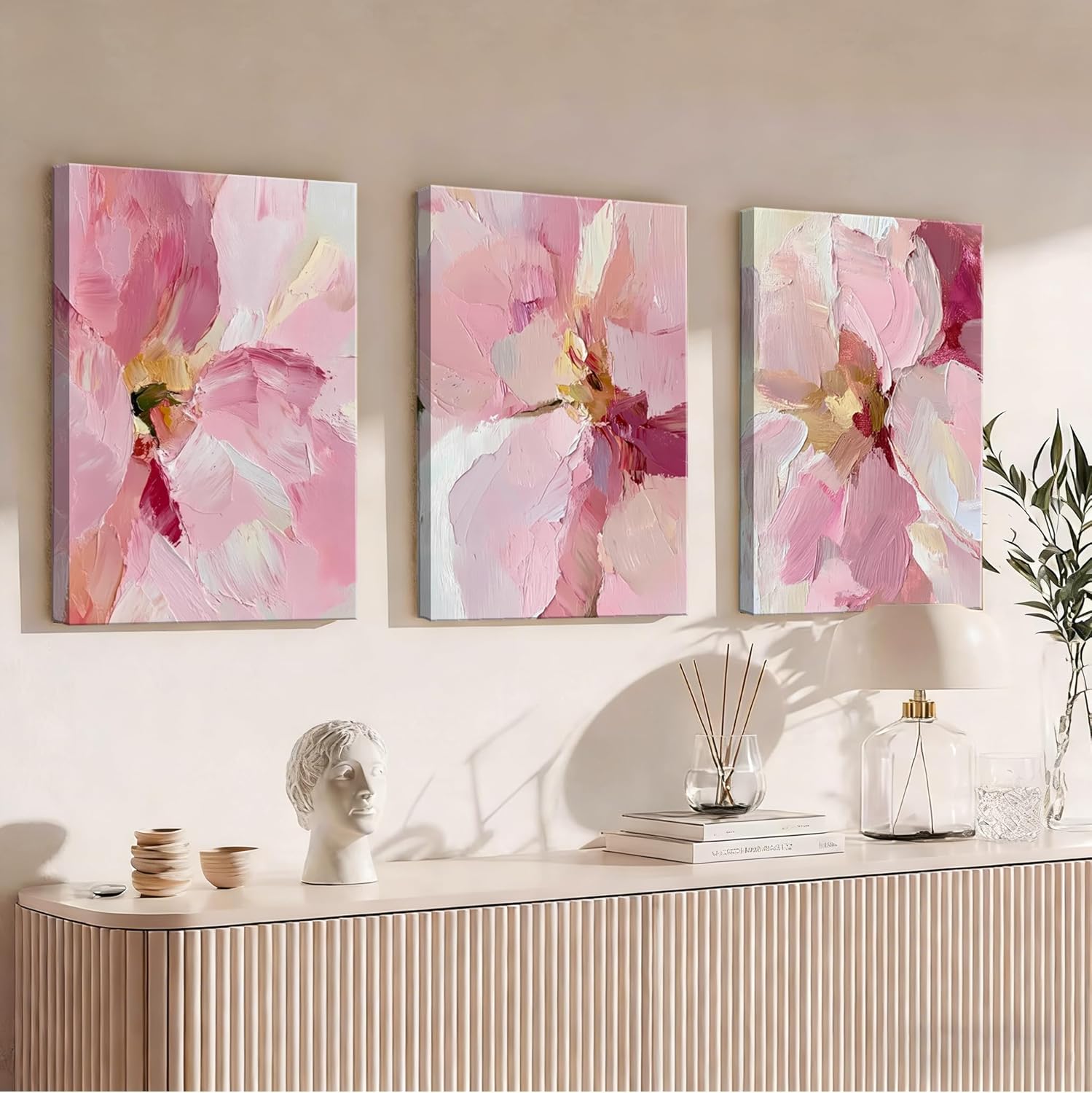 3Pcs Abstract Blush Pink Flower Canvas Wall Art, Textured Thick Paint Modern Floral Bloom Oil Painting Poster Print, Wall Decor Artwork for Bedroom Living Room Dining Room Home Decoration