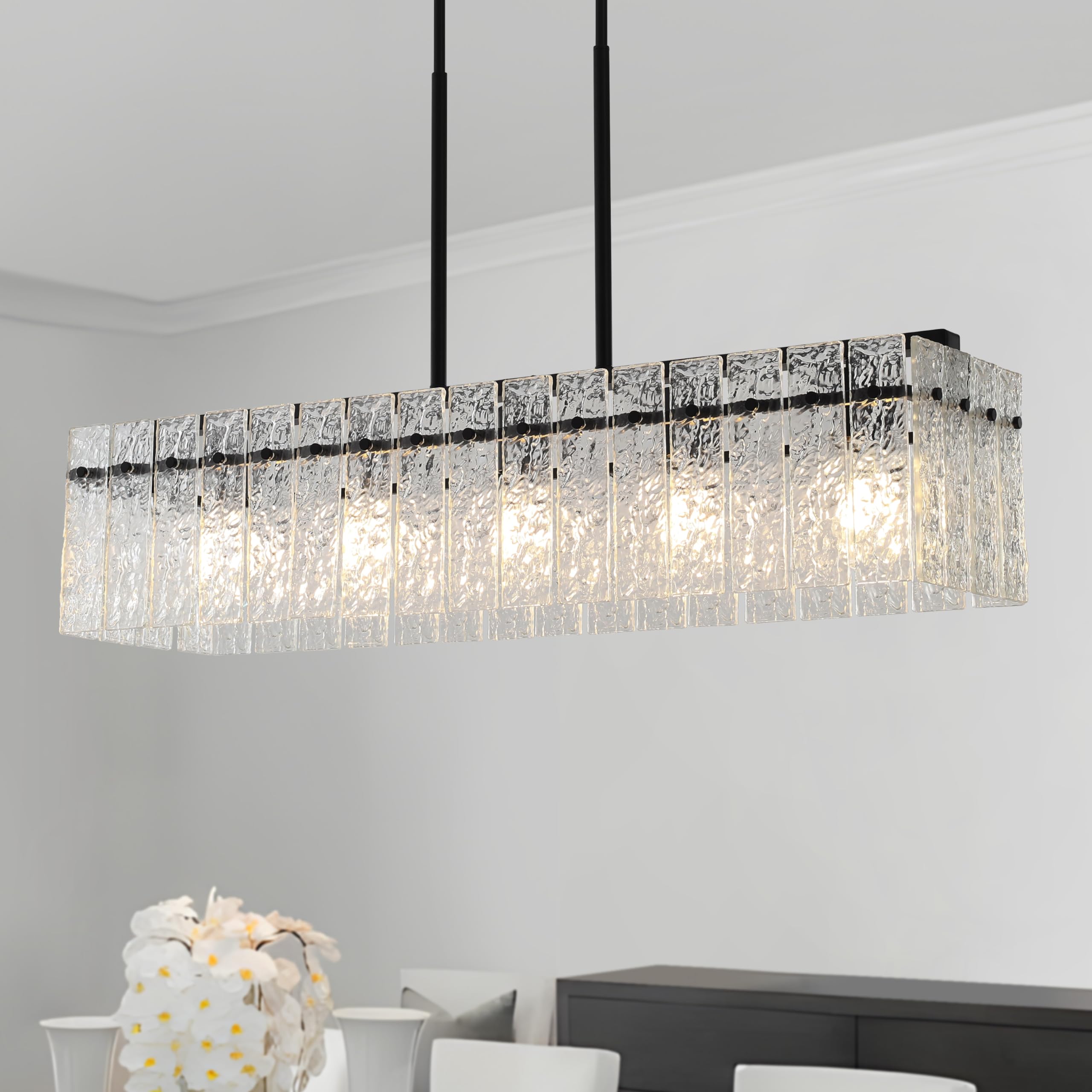 Modern Black Rectangle Chandeliers for Dining Room, 35.4" Large Linear Water Ripple Glass Island Chandelier Lighting for Kitchen Island, Living Room