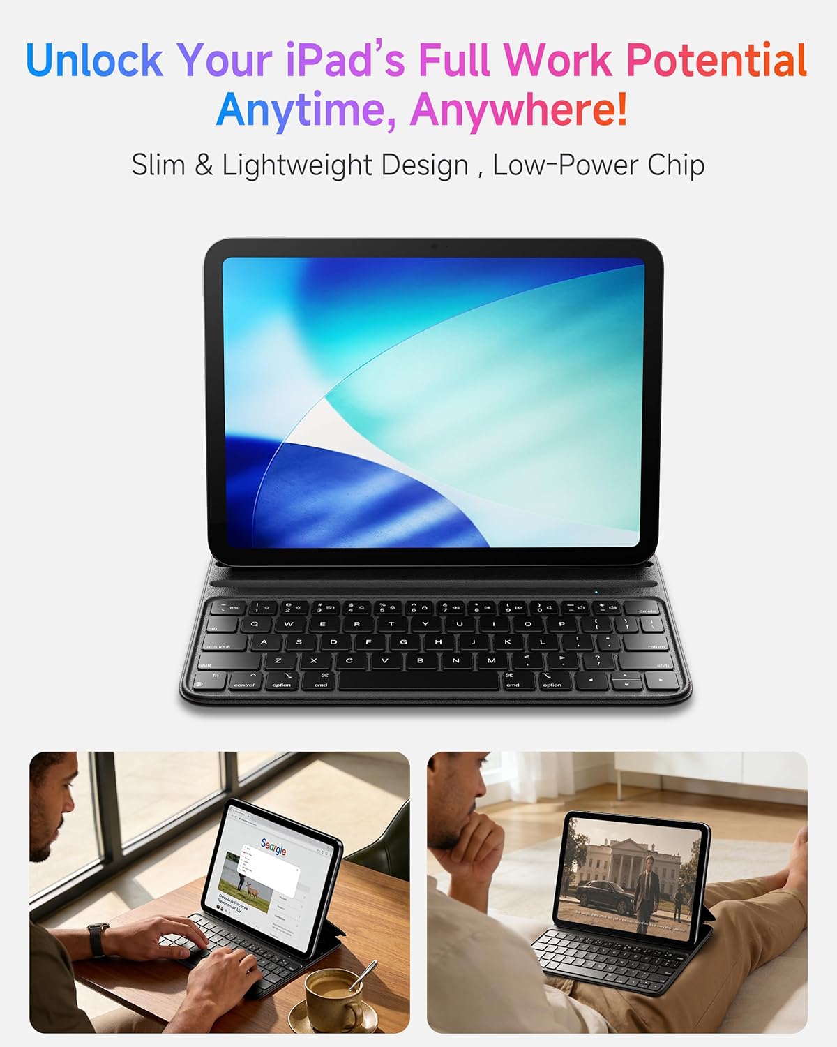 HOU Slim Bluetooth Keyboard Case for iPad Air 11 inch M2/M3, Air 5th/4th, Pro 11 (1st-4th Gen 2018-2022), Smart Folio, Magnetic Stand with 2 Angles, Magnetic Charging, Synthetic Leather, Black - Image 3