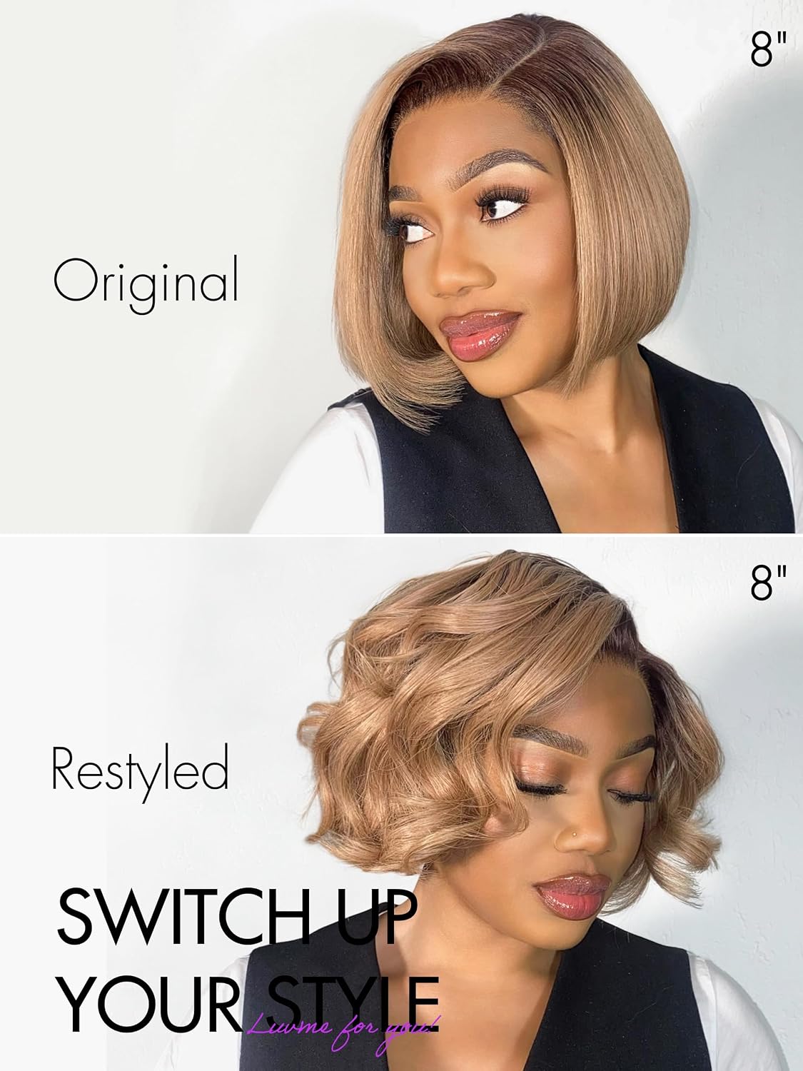 LUVME HAIR 12 Inch Ash Blonde Blunt Cut Bob Wig Human Hair Pre Cut Glueless HD Lace Closure Wig Mature Boss Side Parted Ombre Straight Short Wig