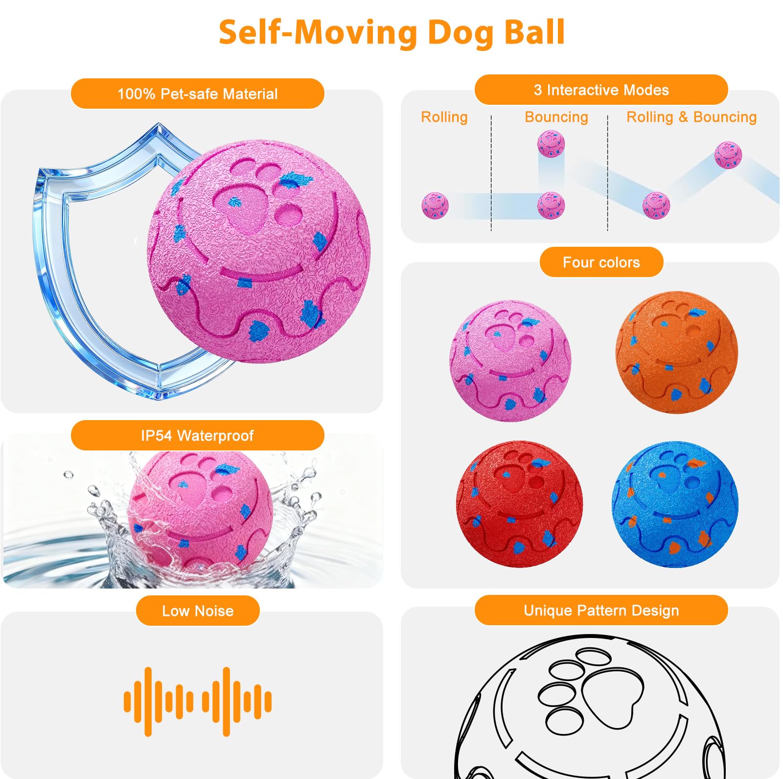 Active Rolling Wicked Ball - Juguete para perros que se mueve automáticamente y salta, evita obstáculos inteligentes, material E-TPU, IP54 impermeable, bola interactiva para perros medianos