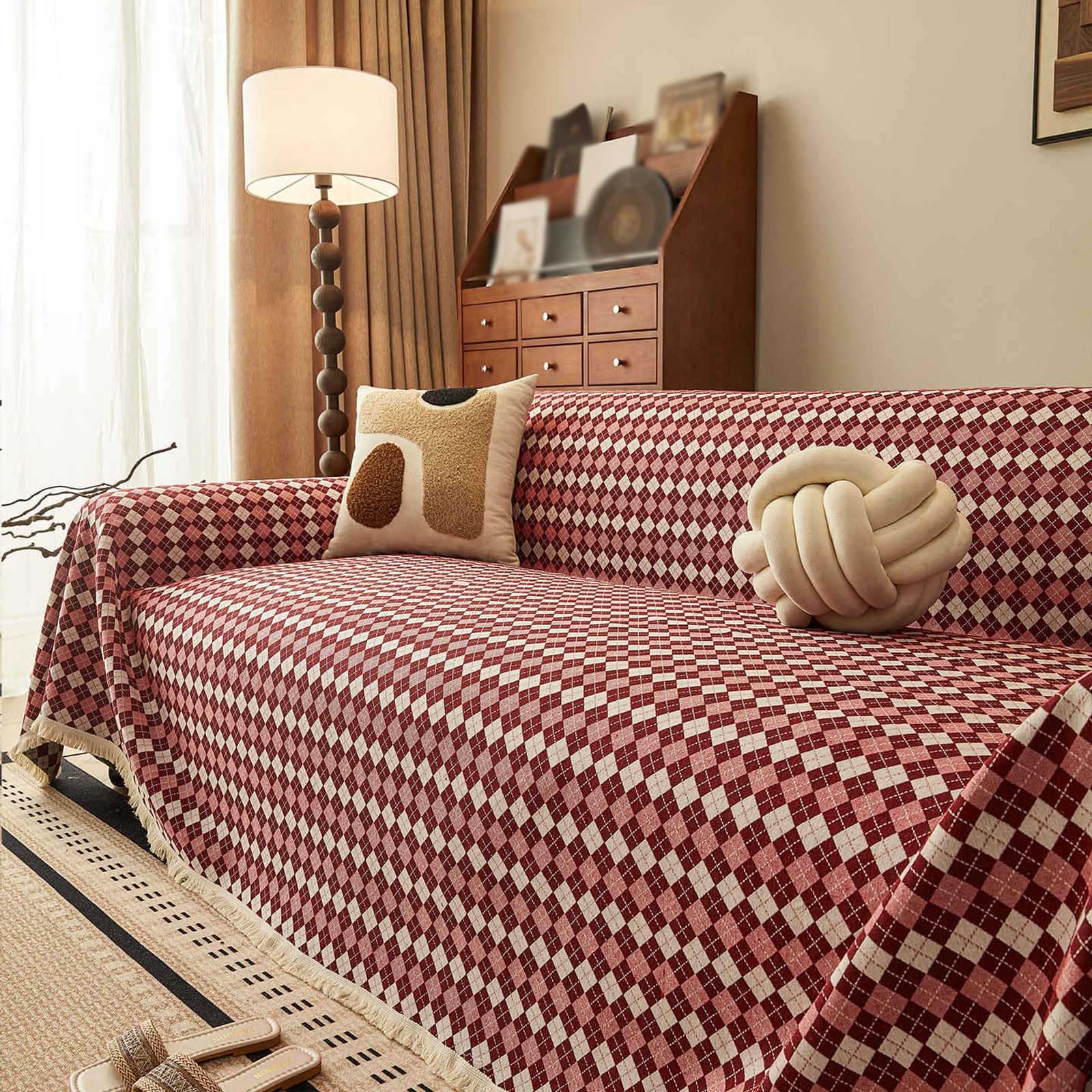Housse de canapé en polyester et coton rouge au tissage robuste