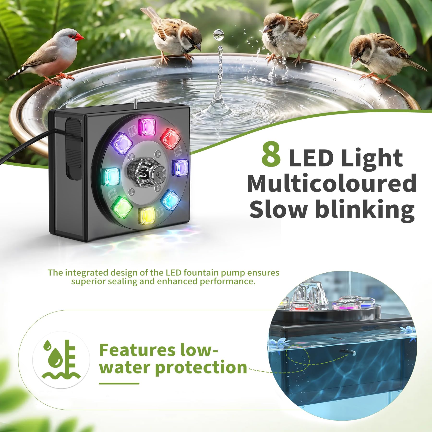Forever Speed Solarbrunnen mit Akku LED 8W für Teich Garten Vogelbad 100L/H