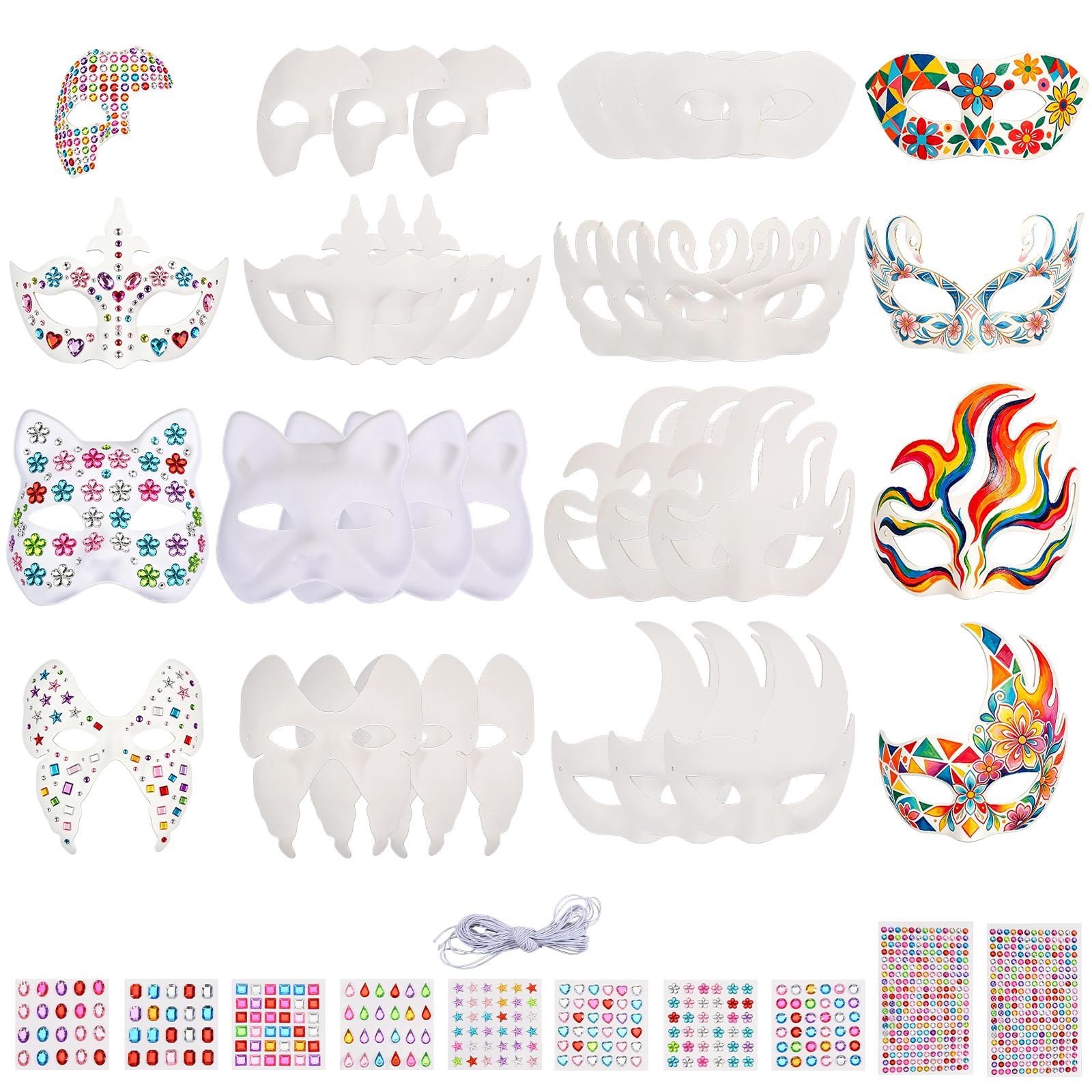 FREEBLOSS 32pcs DIY Paper Mache Masks 8 Styles Blank Masquerade Masks Paintable Paper Mask for Masquerade Party, Includes 10 Sheets Rhinestones and Elastic Cords
