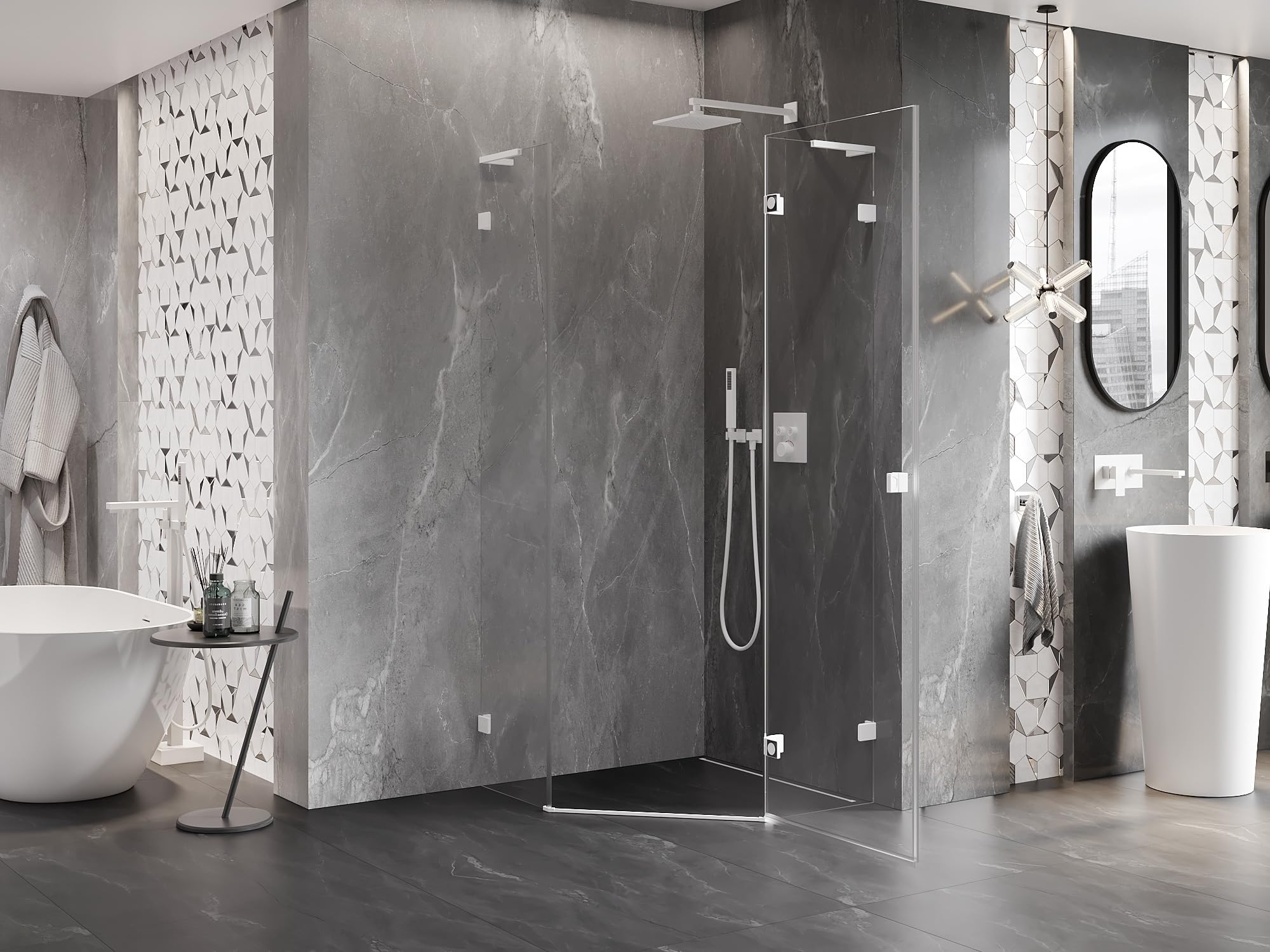 Mexen Lunar L Box Doccia Cinquagonale con Ante a Battente Destra 90x90 Trasparente Bianco