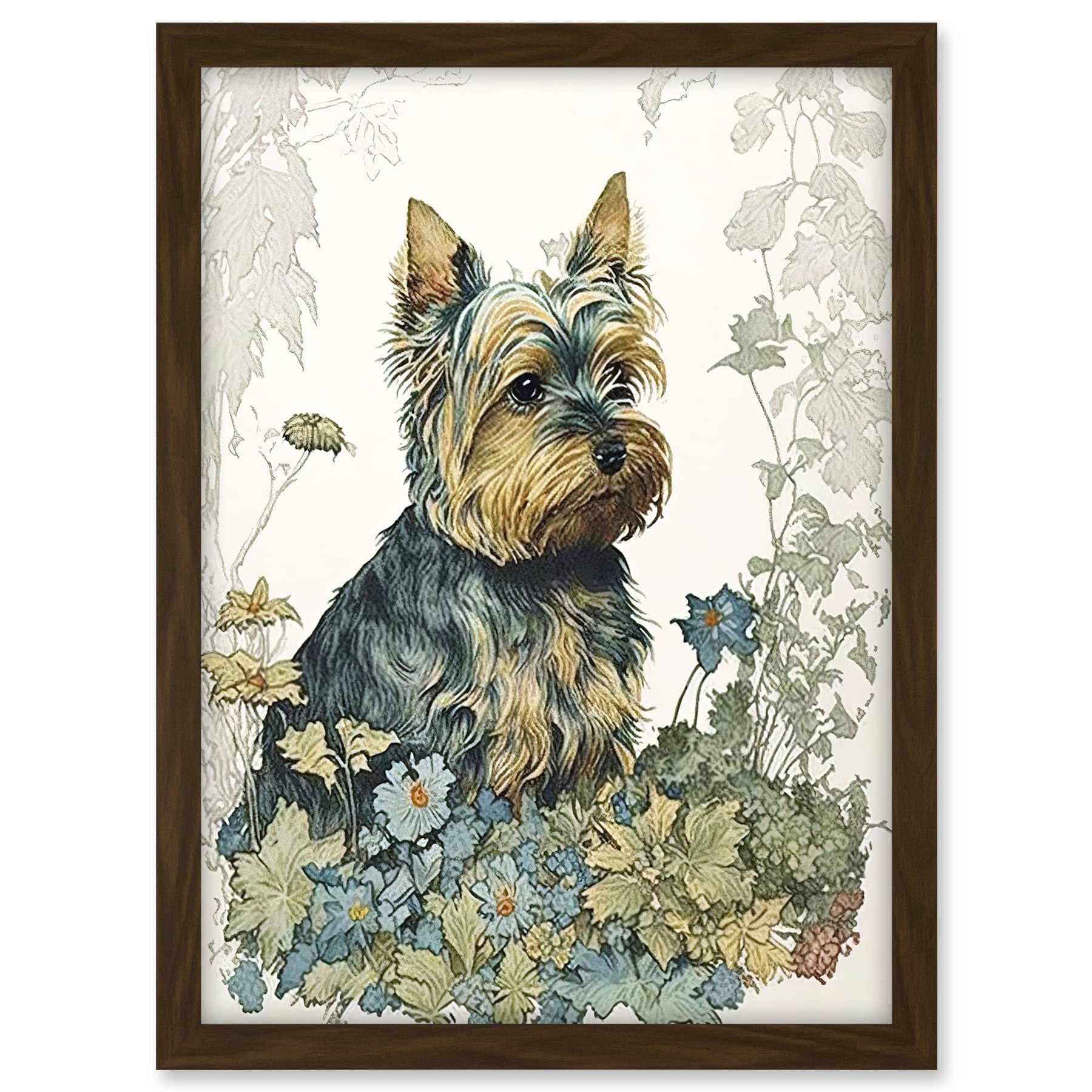 Artery8 Yorkshire Terrier Dog in Wildflowers Watercolour Illustration Artwork Framed A3 Wall Art Print