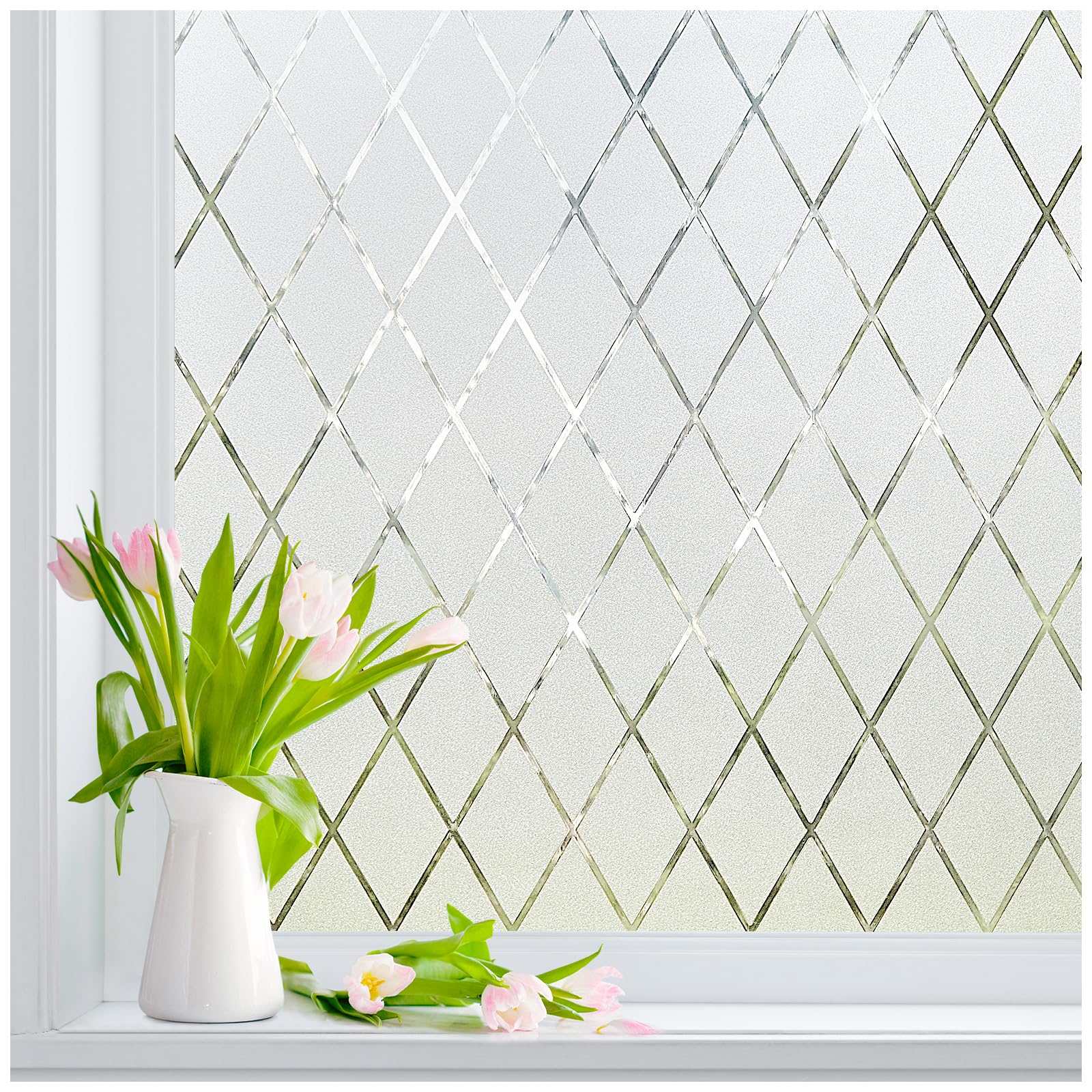 Coavas Window Film Frosted Leaded Glass Film, Anti UV Opaque Window Film Privacy with Natural Light, Static Cling No Glue Window Stickers for Tenant Bedroom Bathroom (Diamond Pane 44.5 x 200cm)