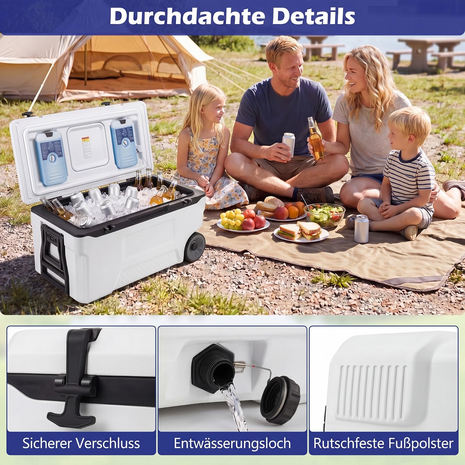 COSTWAY Kühlbox, Große Thermobox aus Kunststoff mit Rollen & Griff, Isolierbox mit Ablaufstopfen, Getränkehalter & Sicherheitsverschluss, tragbarer Kühlschrank für Camping & Picknick