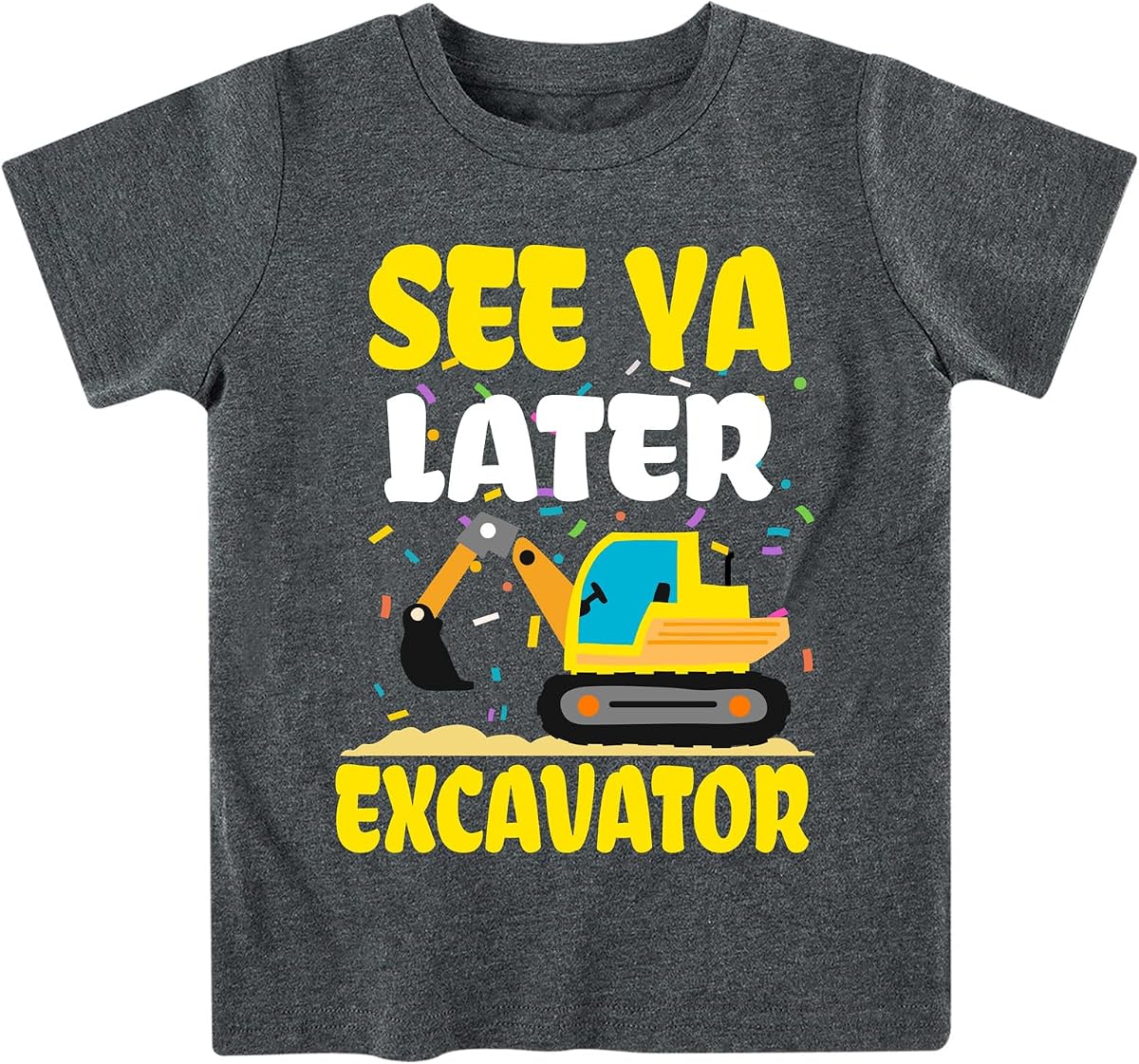 Kids4ever Toddler Boys Construction T-Shirt Cotton Blend Tee for 2-7Y | Dark grey 3D excavator and truck print tee. Roomy fit for ages 2-7. Soft & stretchy for casual summer play and daily wear
