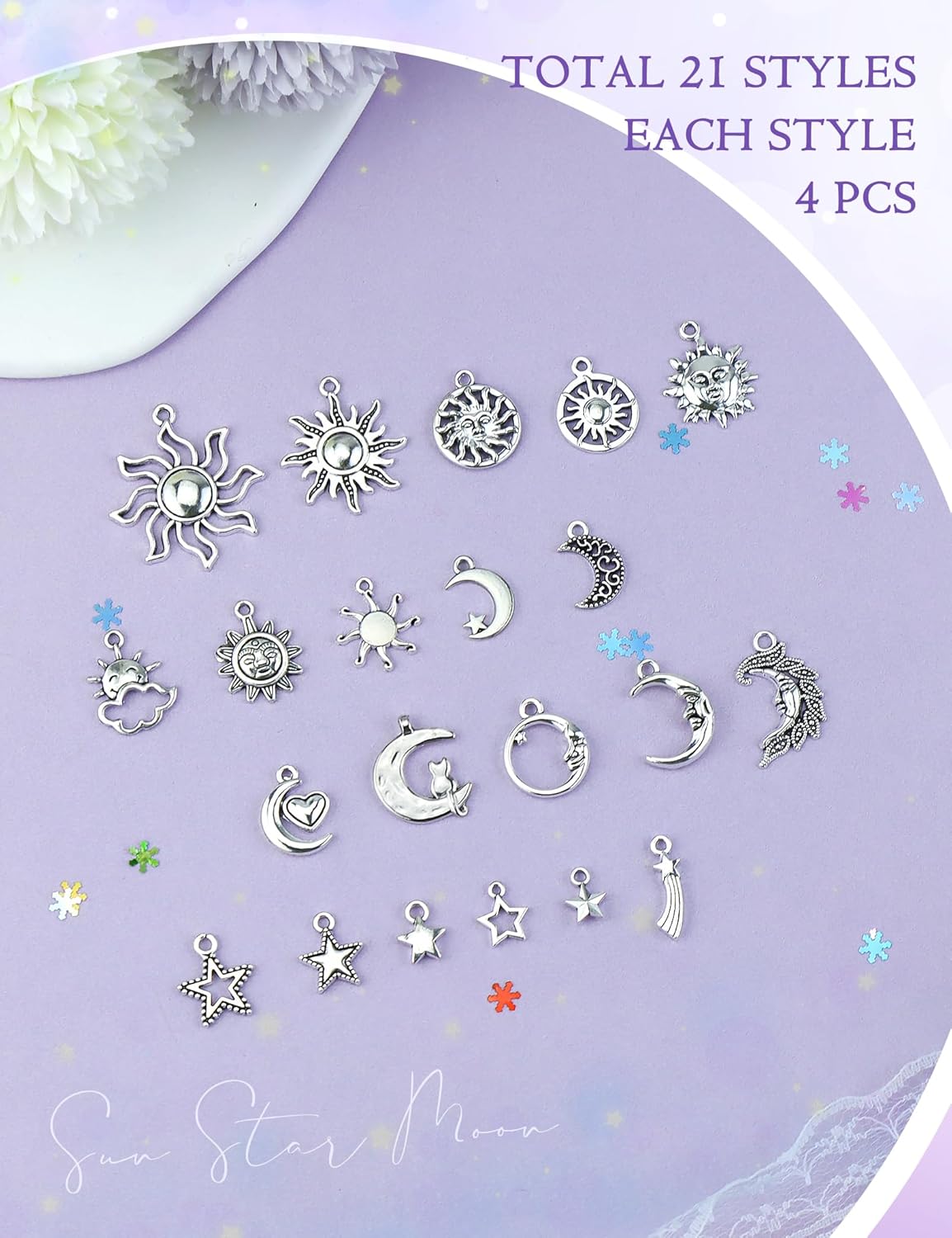 84 Pcs Sun Moon Star Charms Pendants, 21 Styles Antique Silver Alloy Mixed Moon Star Sun Charms for Jewelry Making Necklace Bracelet Earring DIY Craft - Image 3
