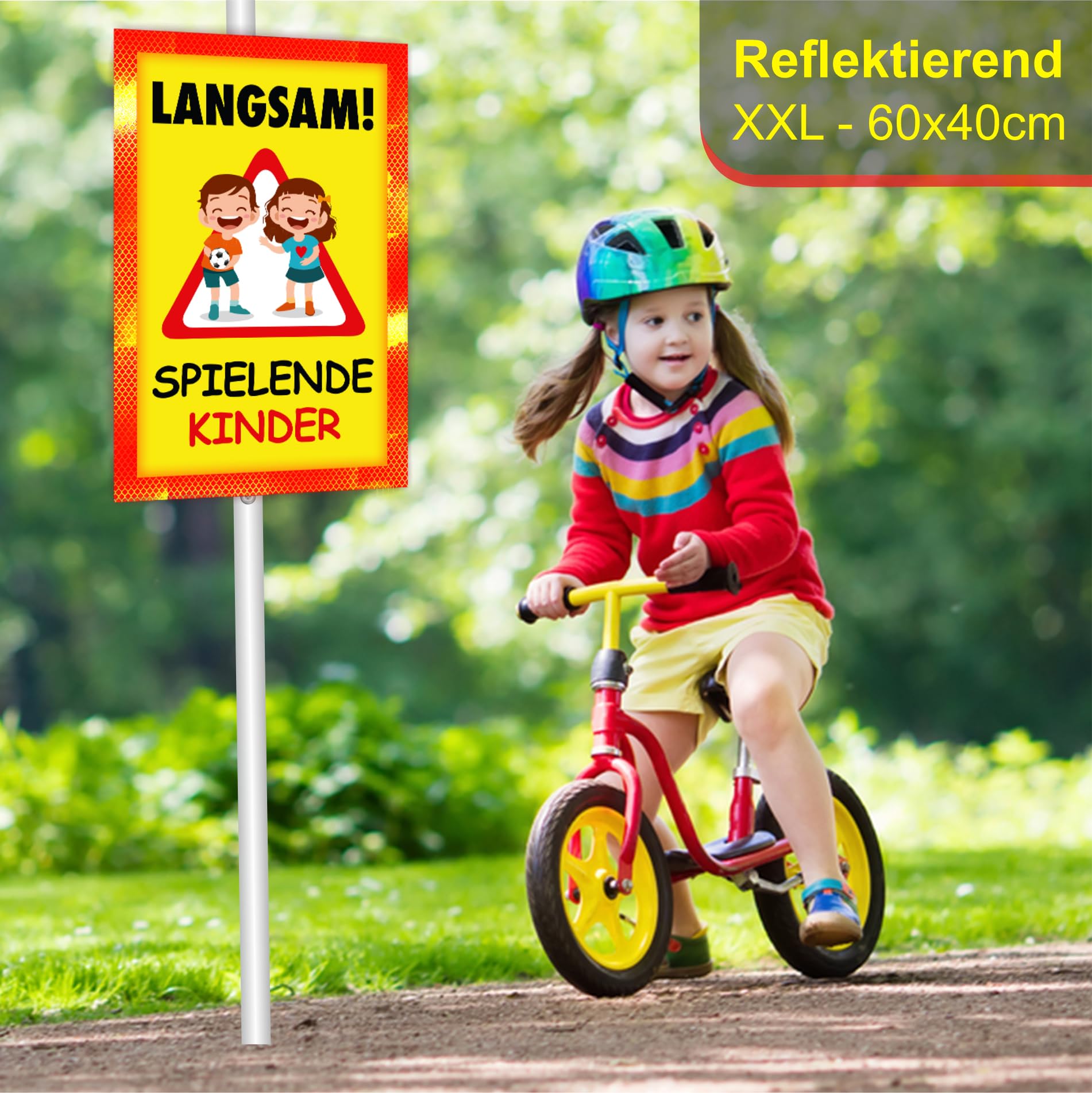 Sachverständigen-Zubehör® Achtung Kinder Sicherheit Schild XXL aus Metall [3 mm] mit Reflektoren [reflektierend leuchtend] Verkehrsschild Warnschild 60 x 40 cm Pylonen Warn Aufsteller Spielstrasse