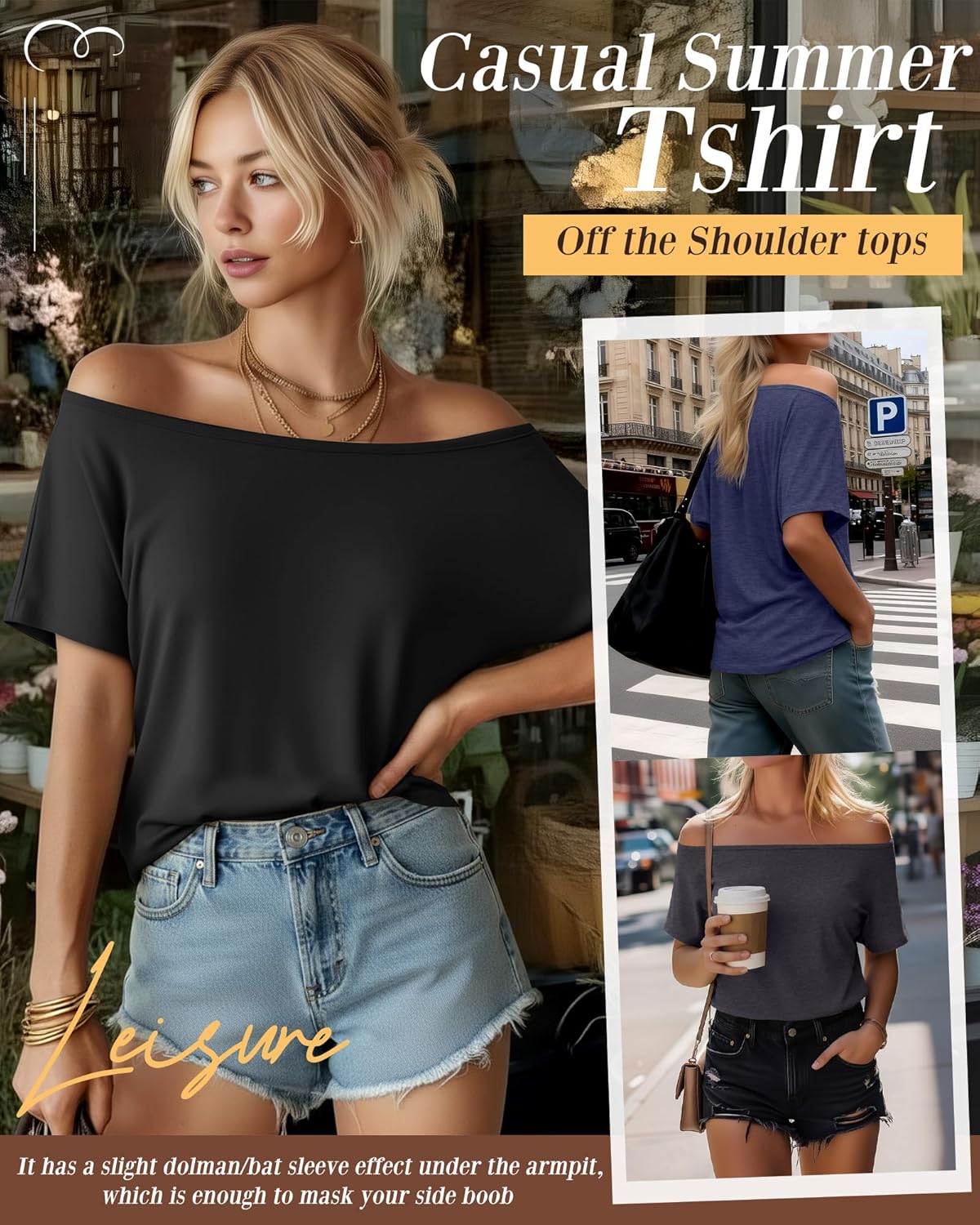 Riyiper 3 Pack Women's Off the Shoulder Shirts, Loose Fit Flowy Tops Short Sleeve Casual Summer Tshirt Athletic Workout Tunic