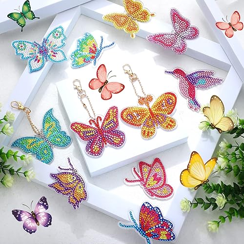 Miniatura 4 de WILLBOND Juego de 16 llaveros de diamante de mariposa de doble cara, llavero de arte de diamante a granel, adorno de diamante de colibrí, diamante