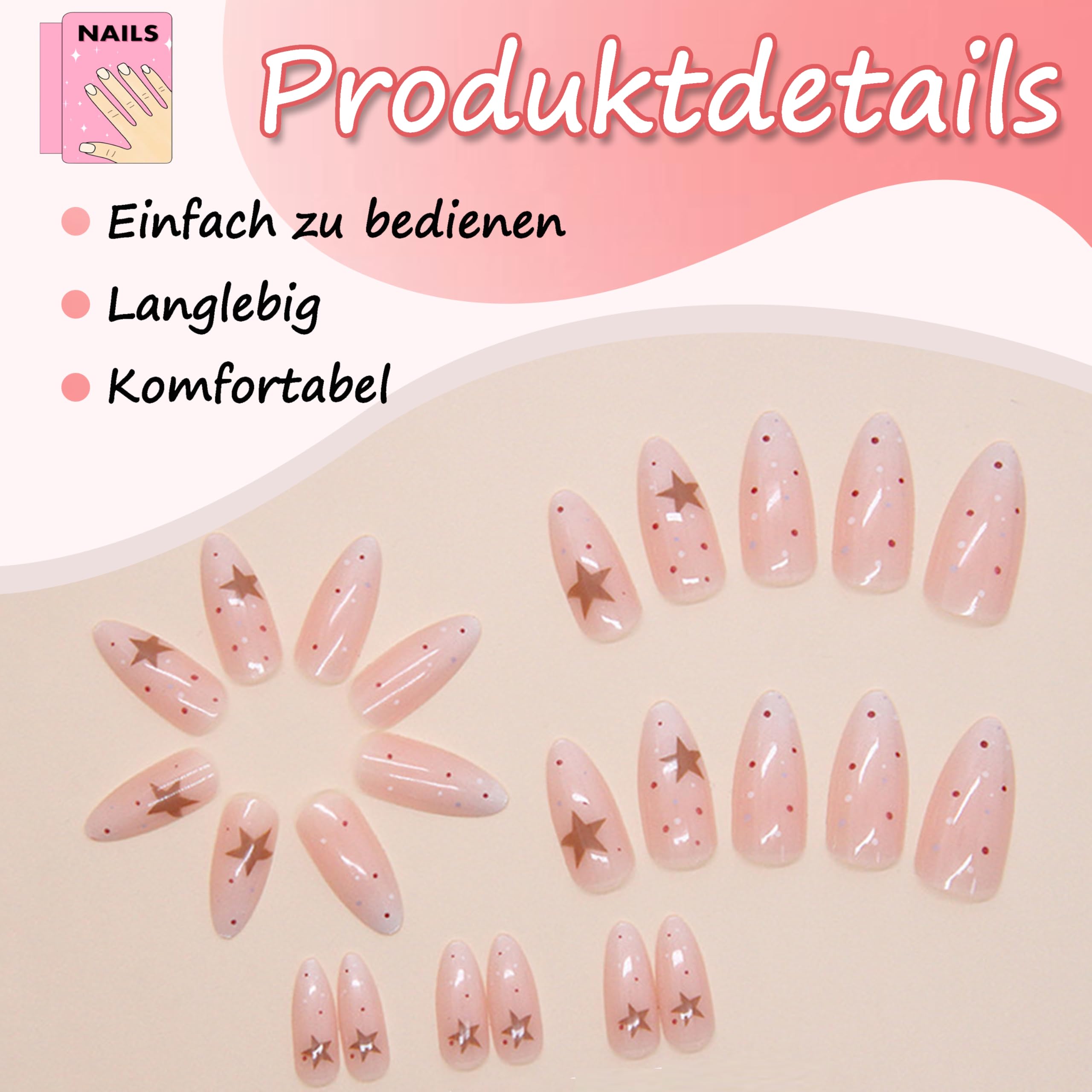 24pcs Mandorle Press on Nails Lunghe Bianco Latte Gradiente Stella Artificiale Da Incollare Finte Colore Francese Copertura Completa Unghie Finte Unghie Finte Naturale per Nail Art Beauty
