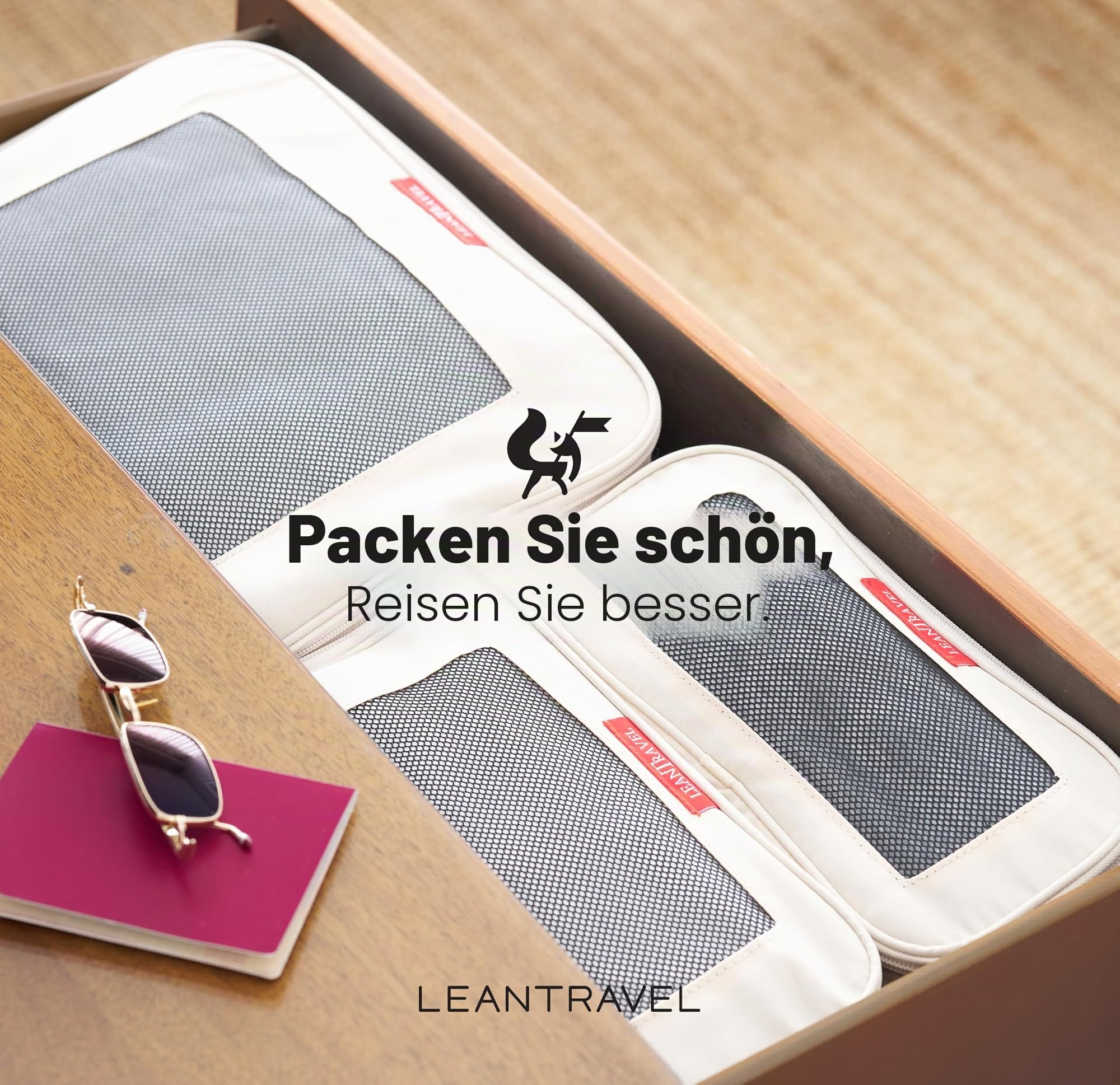 LeanTravel Kompressions-Verpackungswürfel für Reise-Organizer mit doppeltem Reißverschluss (6er-Pack (2 l + 2 m + 2 s), Sand)