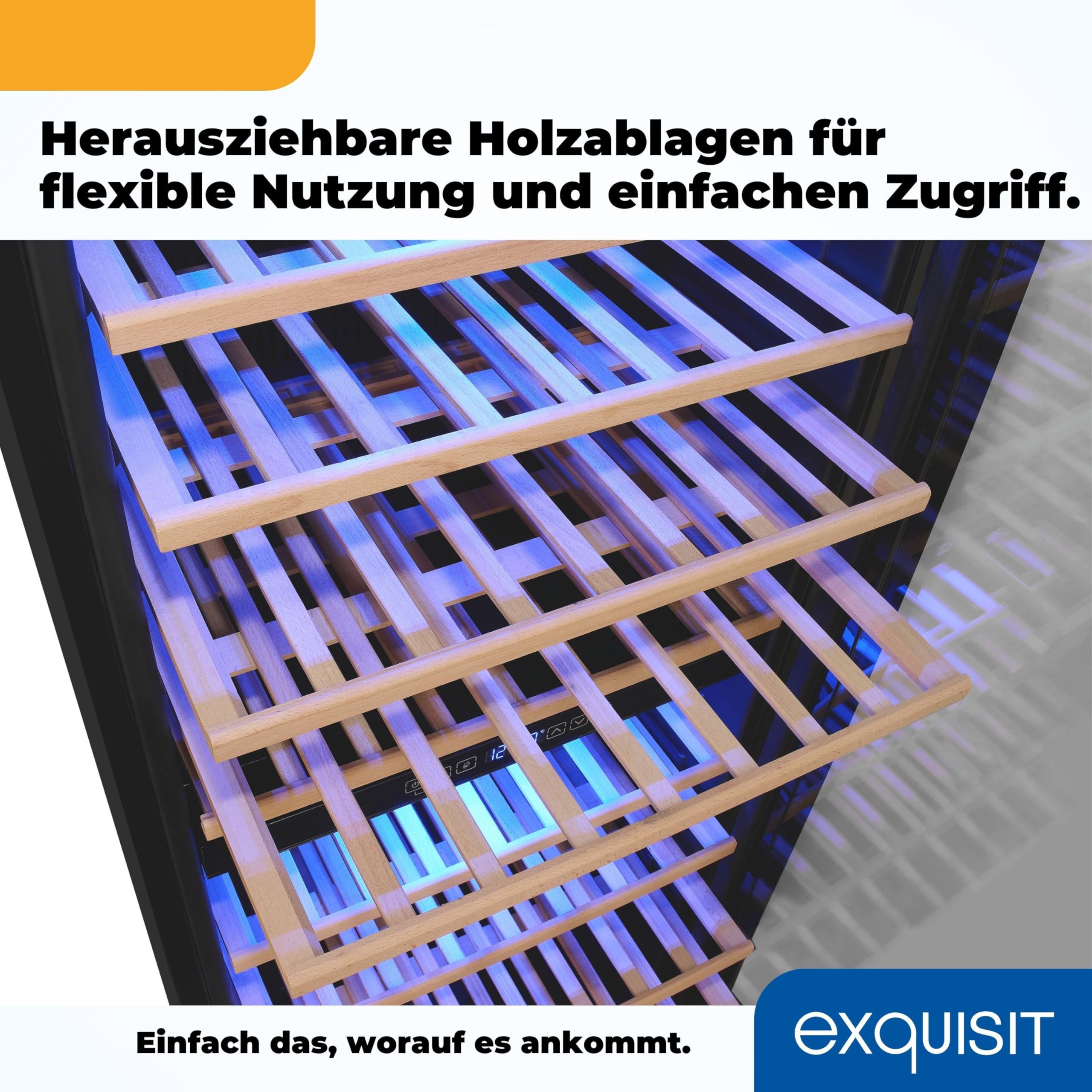 Exquisit Weinkühlschrank 2 Zonen - Weintemperierschrank für 114 Flaschen | Weinklimaschrank mit 220 Liter Volumen, 9 Holzablagen, Umluftventilator, LED-Beleuchtung und Digitalanzeige in Schwarz