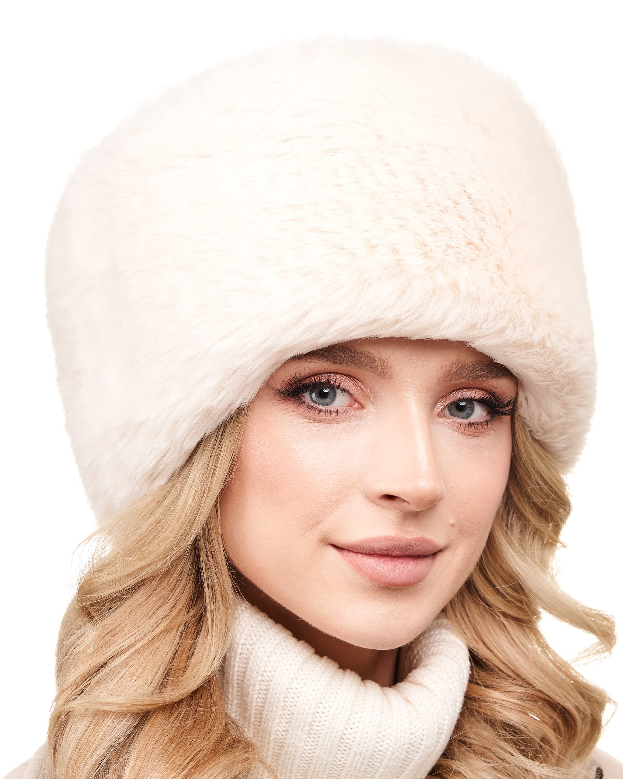 Futrzane Women's Ecru Long Modern Modern Cossack Hat - Faux Fur Hats - Soft Winter Hat For (L, )