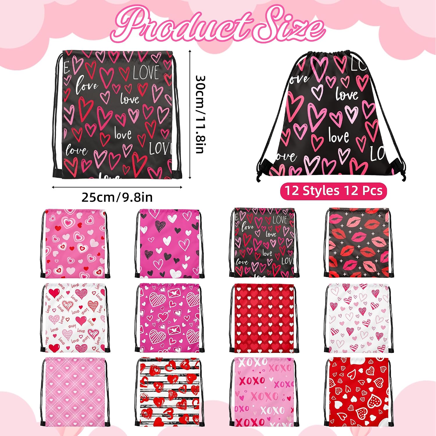 Bafeil 12 Pcs Valentines Day Drawstring Bags Bulk Reusable Heart Gift Goodie Treat Bags Backpack for School Wedding Holiday Valentine's Party Favors Decoration image 4