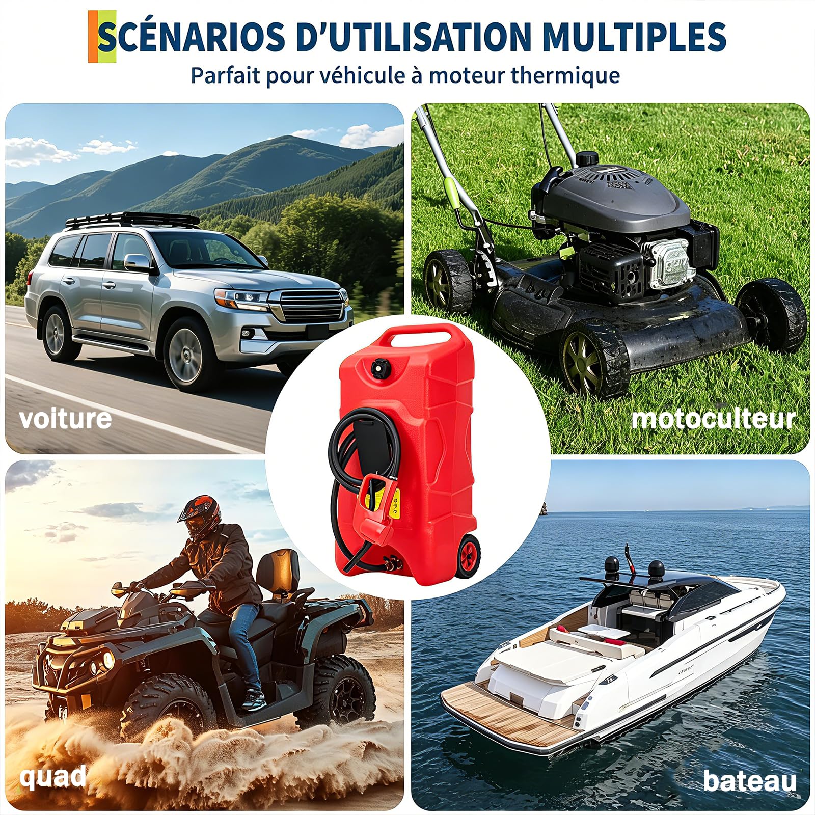 57L Réservoir Carburant Avec Roues, Jerrican Essence Avec Tuyau 3 m, Rouge