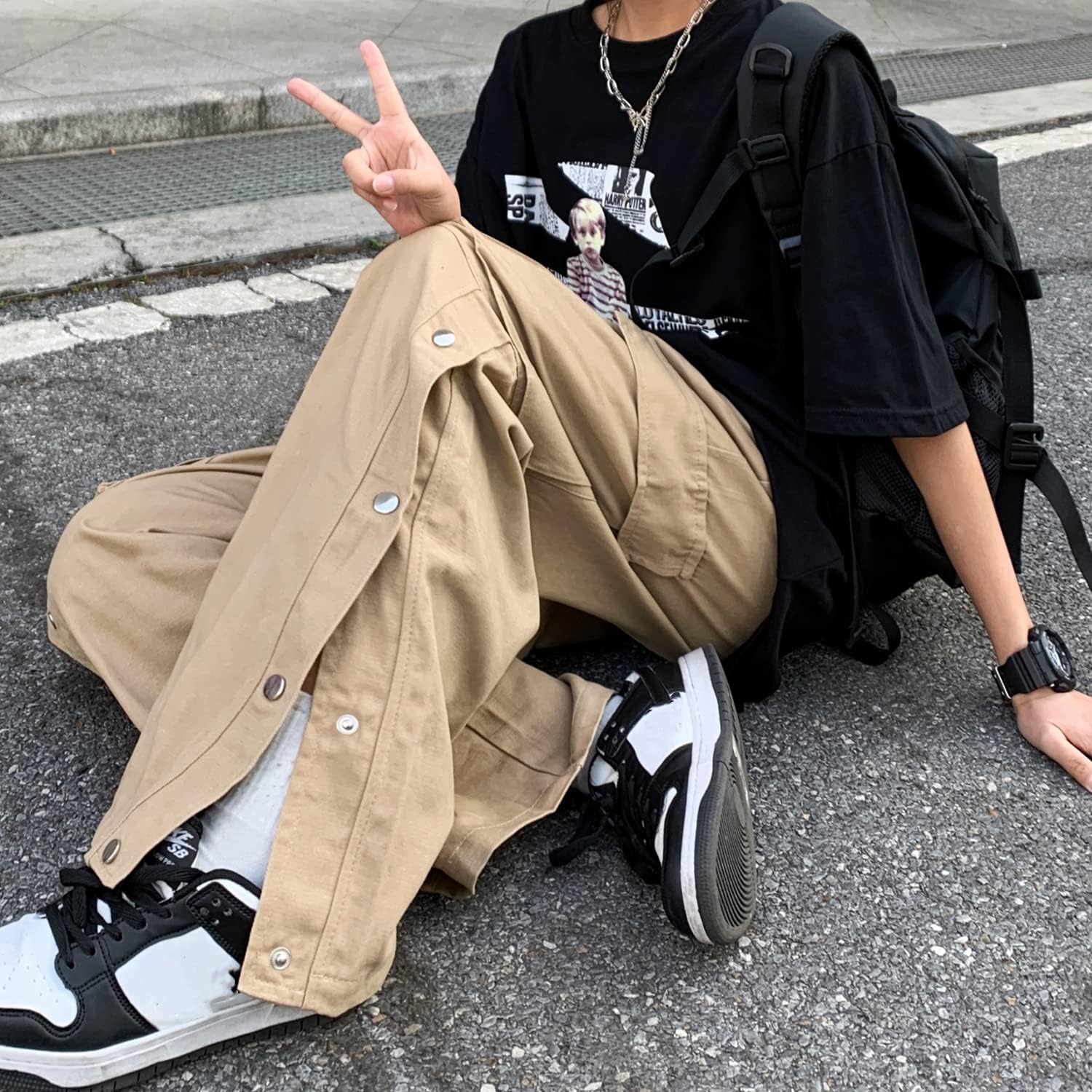 Linsennia Gothic Cargo Pants with Pockets for Men Women Girls Side Slit Baggy Streetwear Y2K Pants - Image 6