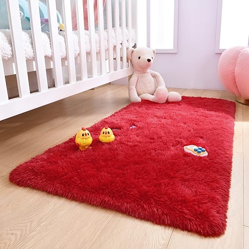 Miniatura 4 de DETUM Alfombra roja de 2 x 4 pulgadas, alfombra mullida para dormitorio, alfombra de noche lanuda suave para habitación de niños, antideslizante,