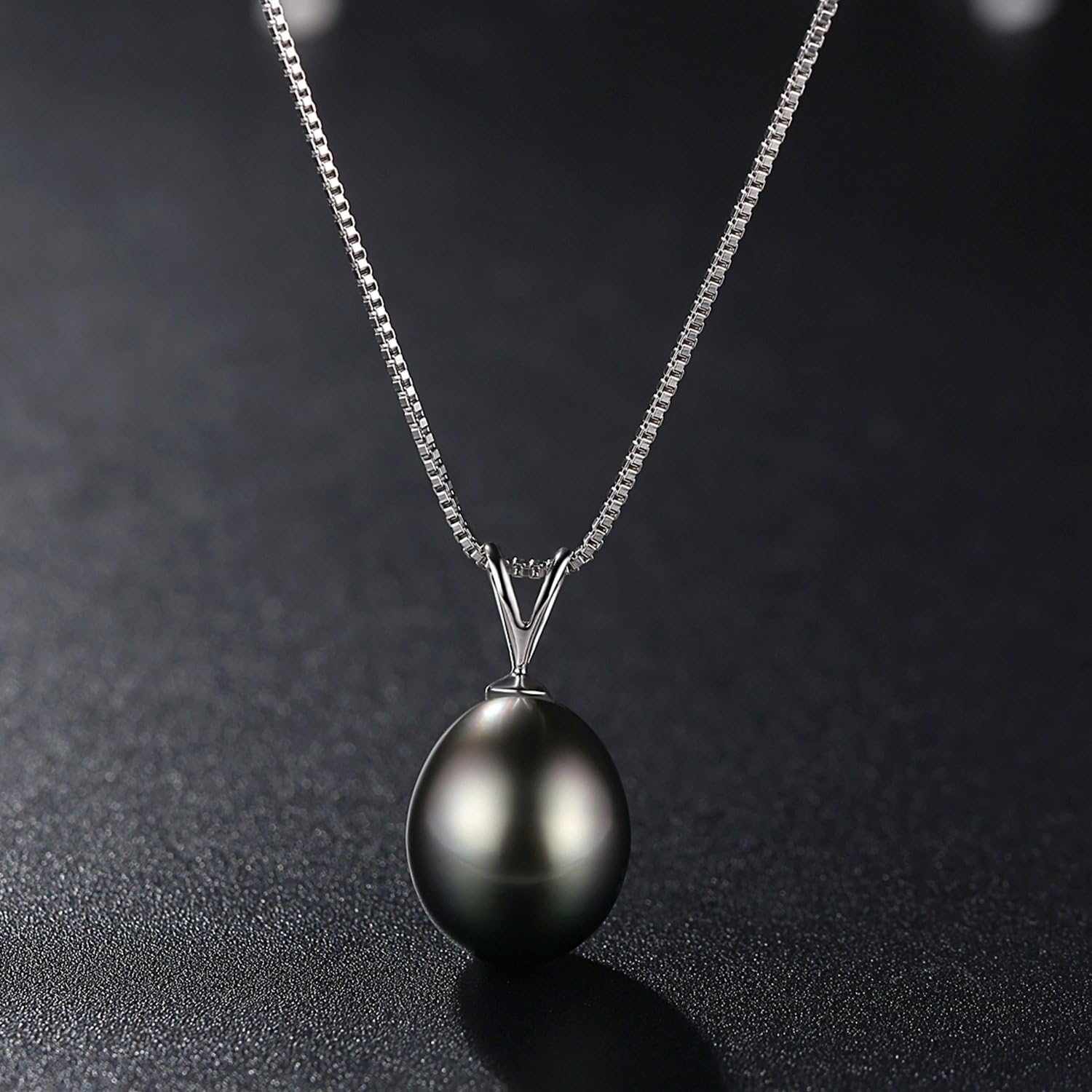 VIKI LYNN Tahitian Black Pearl Necklace for Women 9-10mm Teardrop-shaped Tahitian Cultured Black Pearl Pendant with 925 Sterling Silver Chain