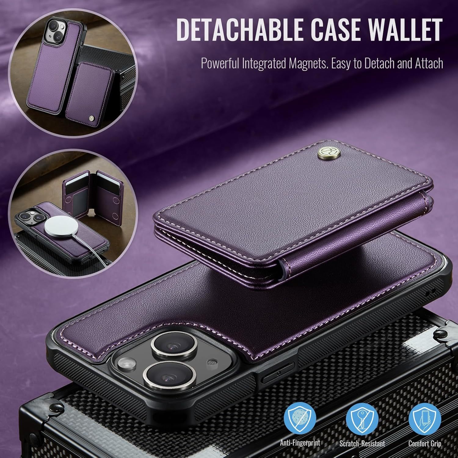 Compatible with Magsafe for iPhone 15 Wallet Case Magnetic Card Holder, RFID Blocking 2 in 1 Detachable Kickstand Shockproof Case for Women Men, Purple - Image 9