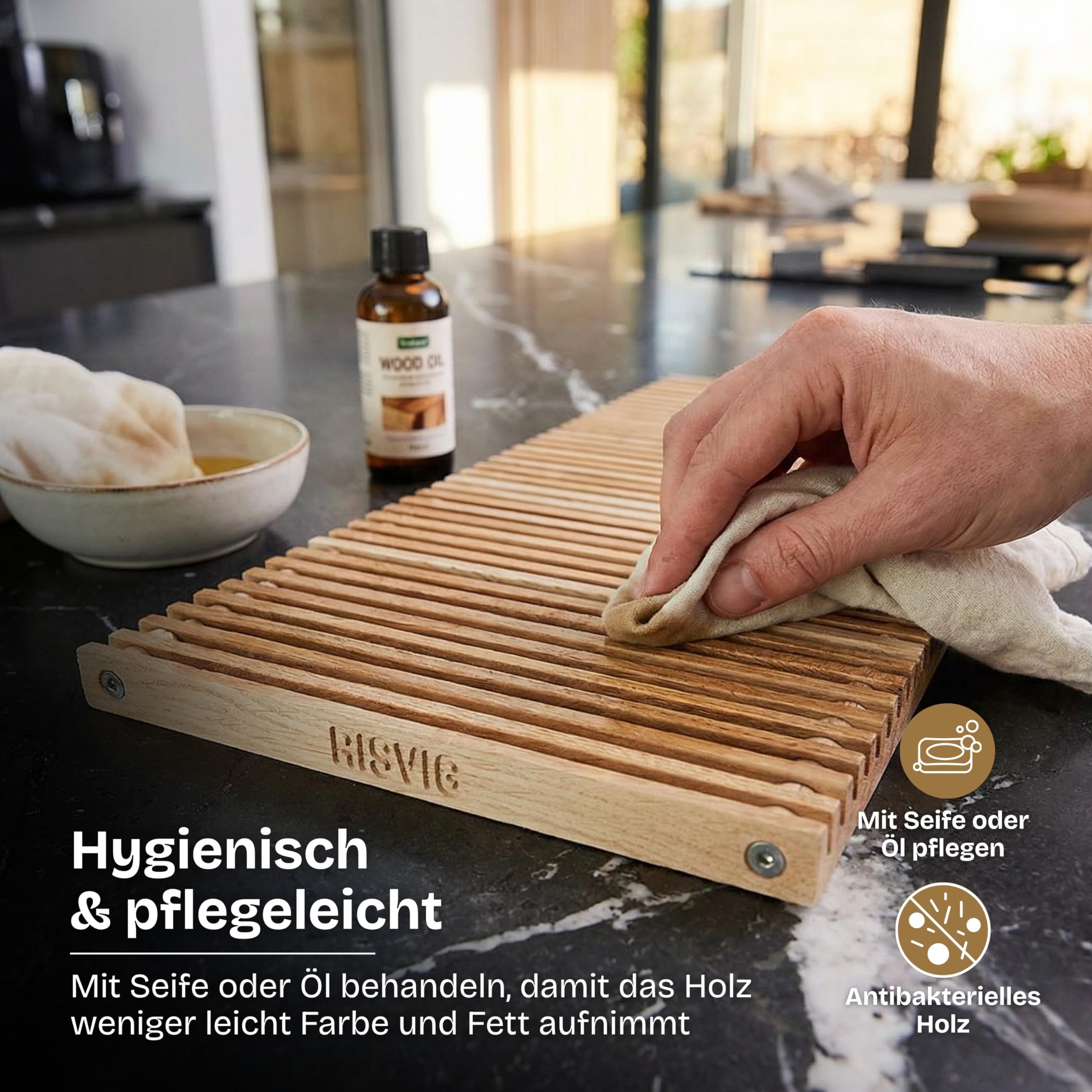 Lignus Pfannenuntersetzer aus Premium Eichenholz (38x19 cm) – Edler Topfuntersetzer aus europäischer Eiche, ausziehbar & antibakteriell – Design-Untersetzer für Küche & Esstisch